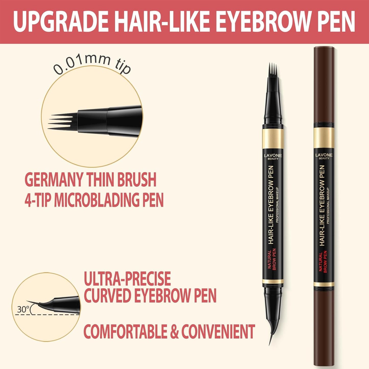 LAVONE Eyebrow Pen, 2-in-1 Eyebrow Pencils for Women with 4 Tip Microblading Eyebrow Pencil and Curved Precise Brow Pencil, Waterproof Eyebrow Pencil Create Full, Natural Hair-Like Brows, Dark Brown