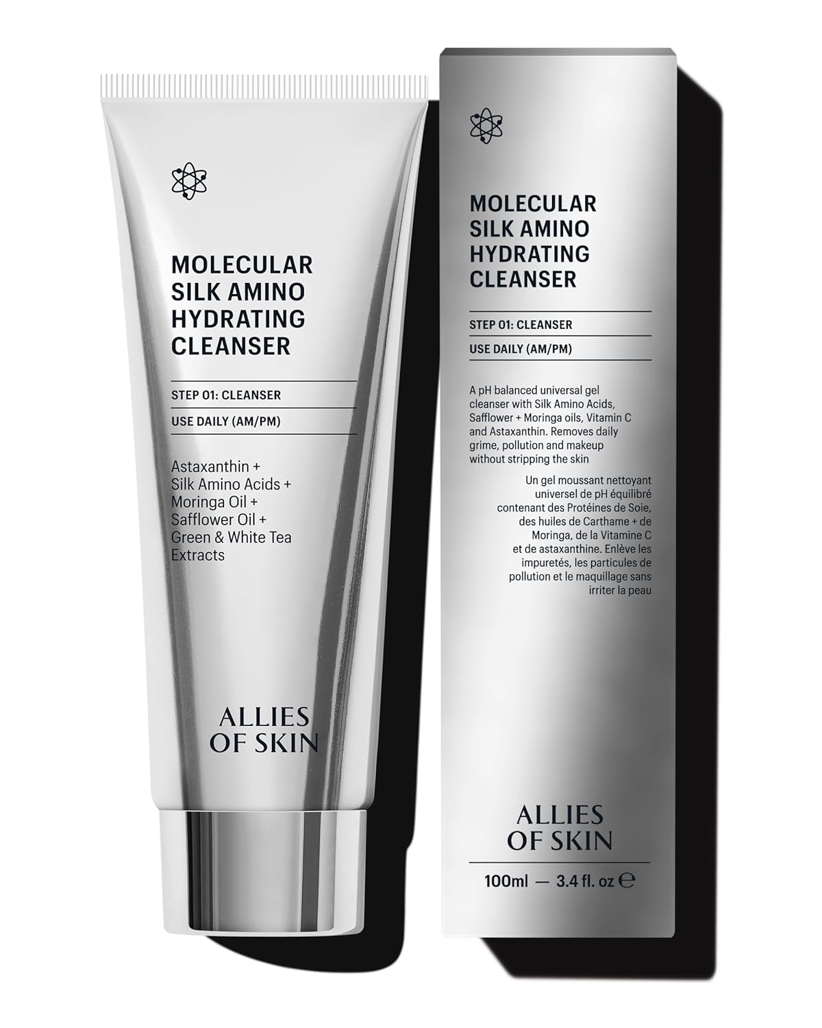 Allies of Skin Molecular Silk Amino Hydrating Cleanser: Hyaluronic Acid, Ceramides, Safflower & Moringa Oils. Nourishes, Conditions & Repairs 100 ml/2.4 oz