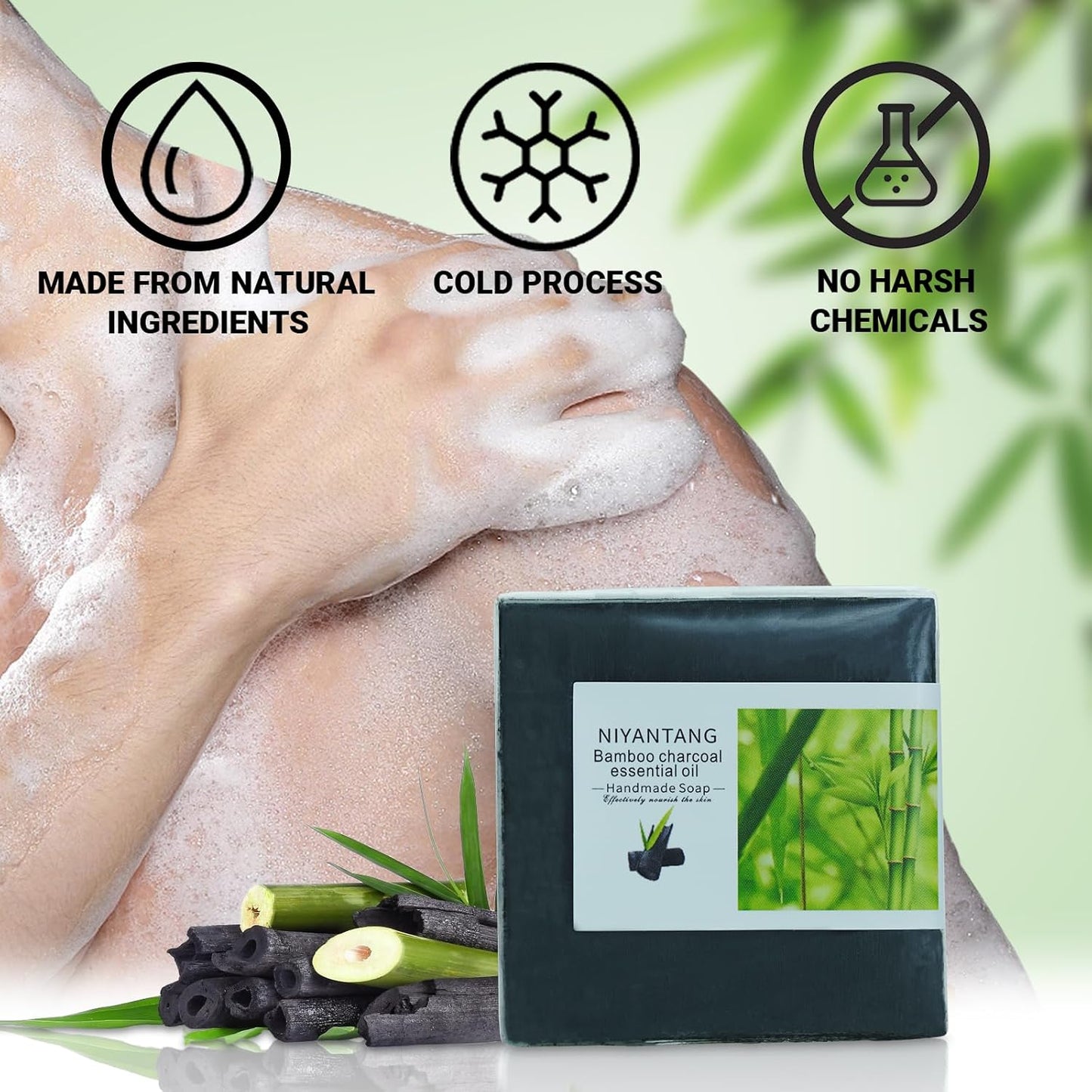 3 Pack Natural Activated Charcoal Soap Bar Black Soap for Face & Body Cleanse, Handmade Bamboo Charcoal Soap with Coconut Oil, Gentle Cleanser Soap for Men Women All Skin Types