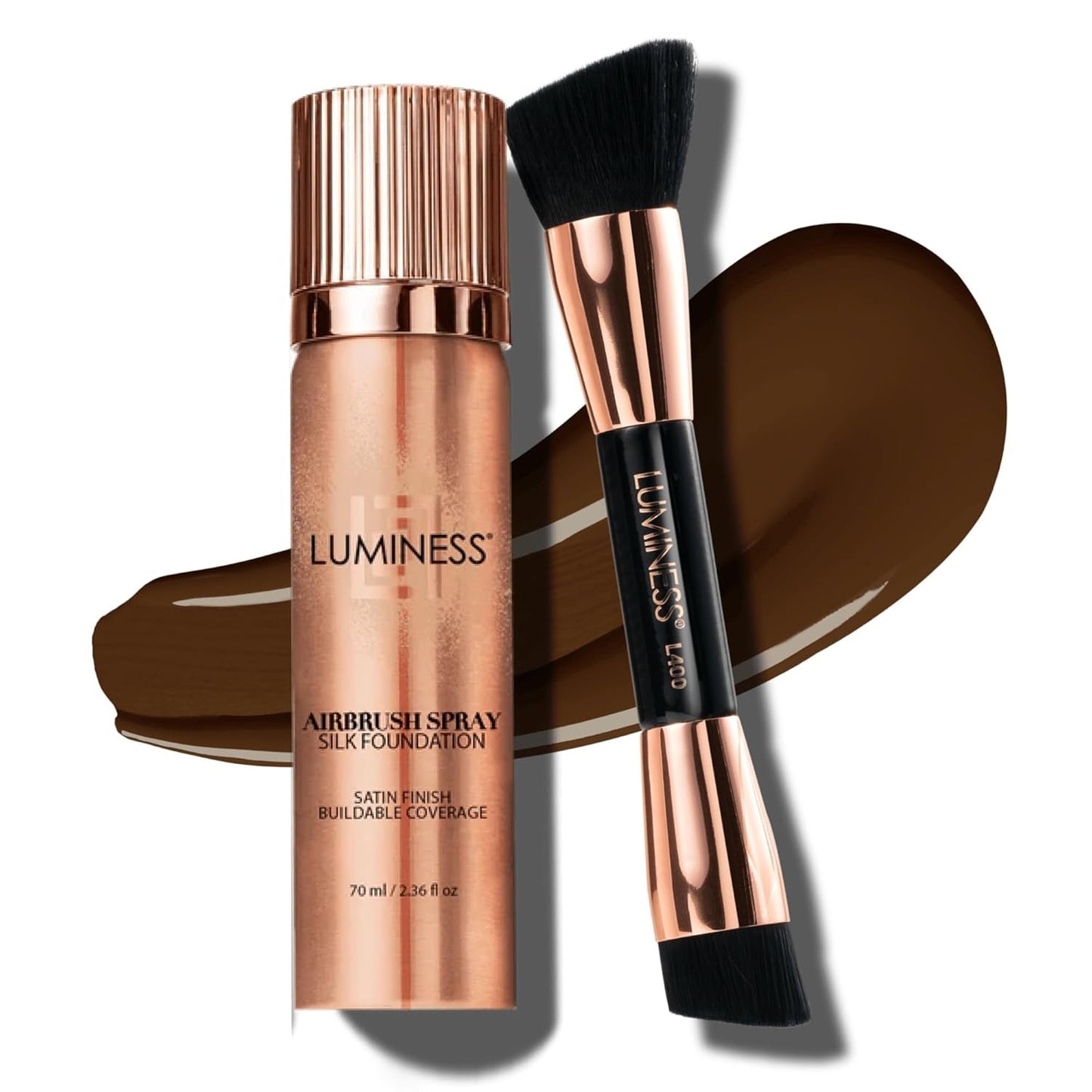 LUMINESS Silk Airbrush Spray Foundation & Buffing Brush Kit – Full Coverage Foundation & Dual-Sided Buffing Brush - Buildable Coverage, Anti-Aging Formula Hydrates & Moisturizes (Shade - Deep Rich)
