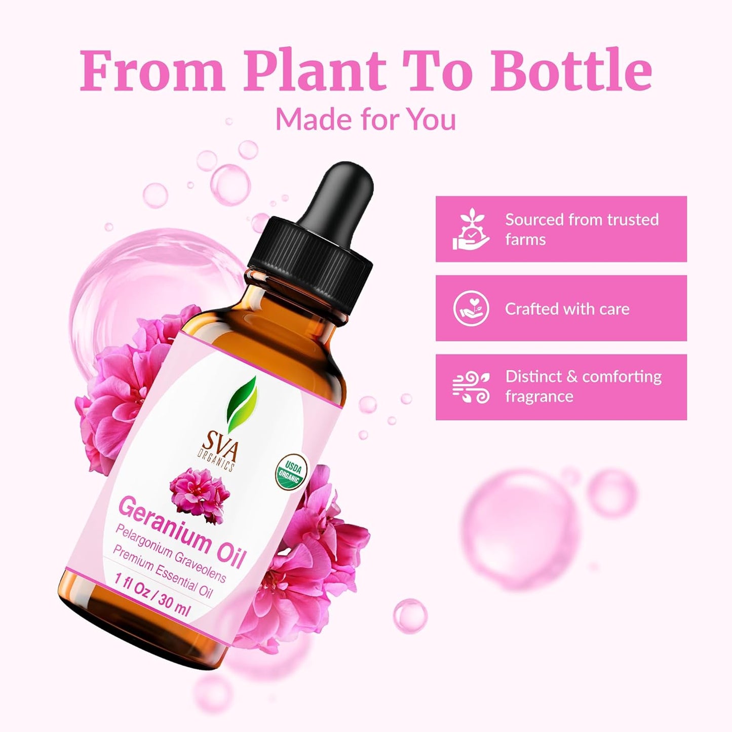 SVA Geranium Essential Oil Organic – 1 Fl Oz – 100% Natural Organic Geranium Oil - for Diffuser, Hair Care, Face, Skin Care, Aromatherapy, Scalp and Body Massage, Soap and Candle making – with Dropper