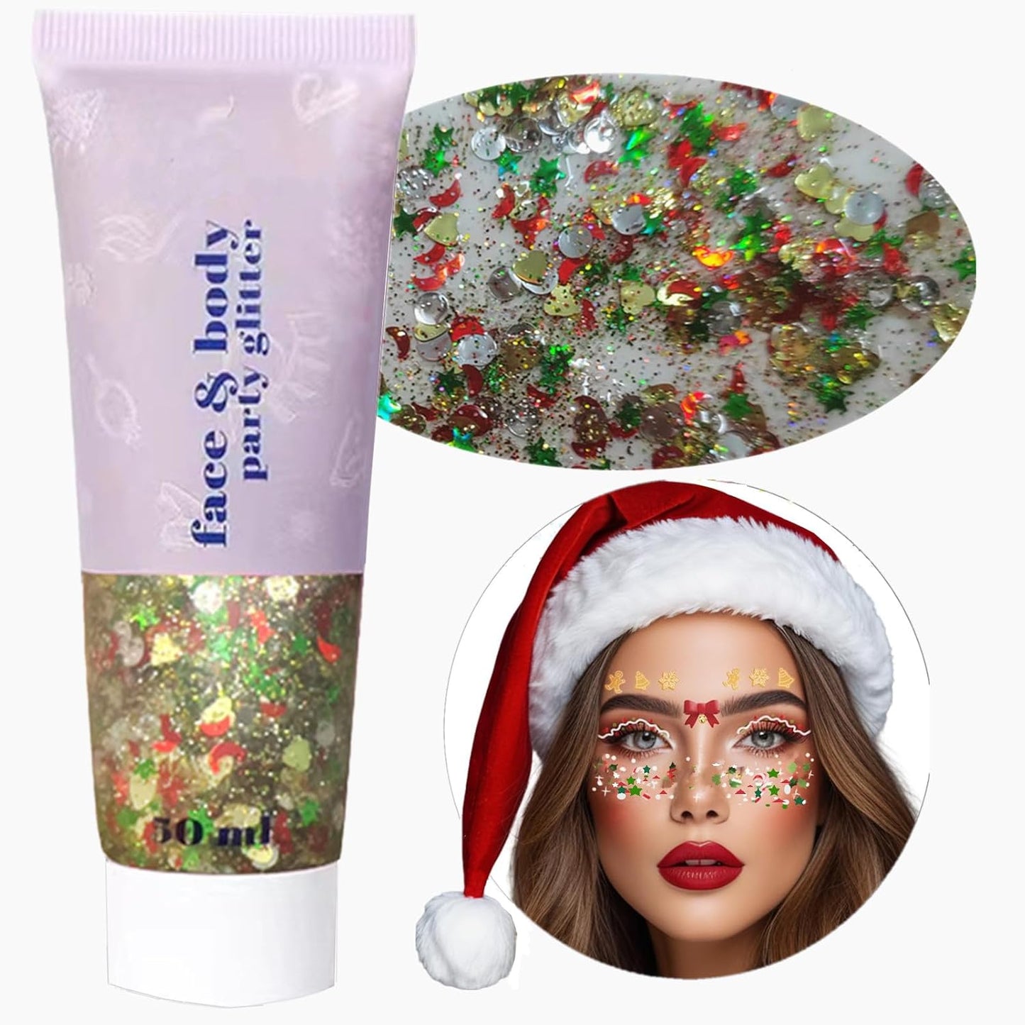 Go Ho Christmas Body Hair Face Glitter Gel,Christmas Glitters Face Paint,Holographic Colorful Sequins Chunky Reflective Face Glitter Makeup,Festival Rave Outfits for Women
