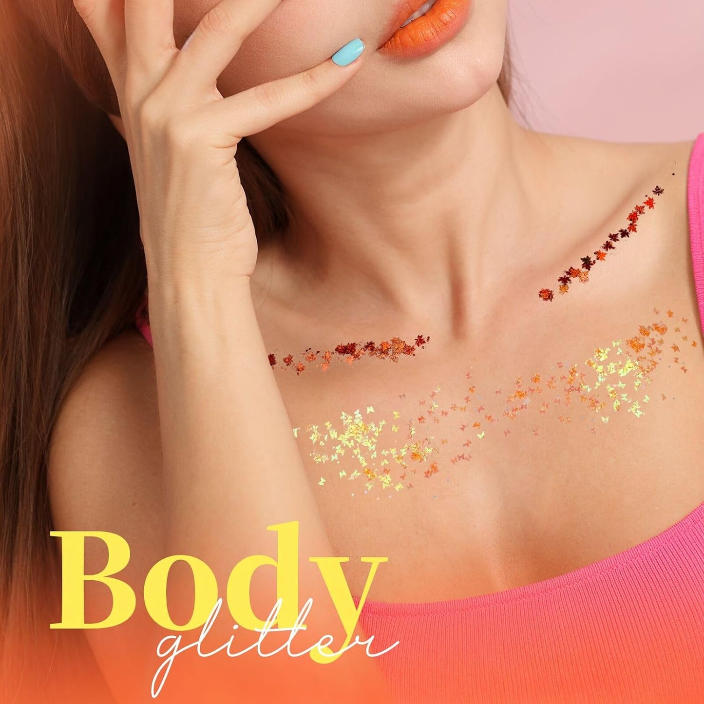 Teenitor Face Glitter, Orange Body Glitter Gel, Holographic Glitter for Face and Body, Hair, Makeup for Festival Party Cheer Makeup