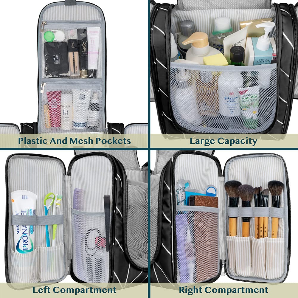 PAVILIA Extra Large Toiletry Bag Travel Bag for Women Men, Hanging Cosmetic Organizer, Water Resistant Makeup Bag for Accessories Toiletries, Travel Essentials Kit (Black Chevron)