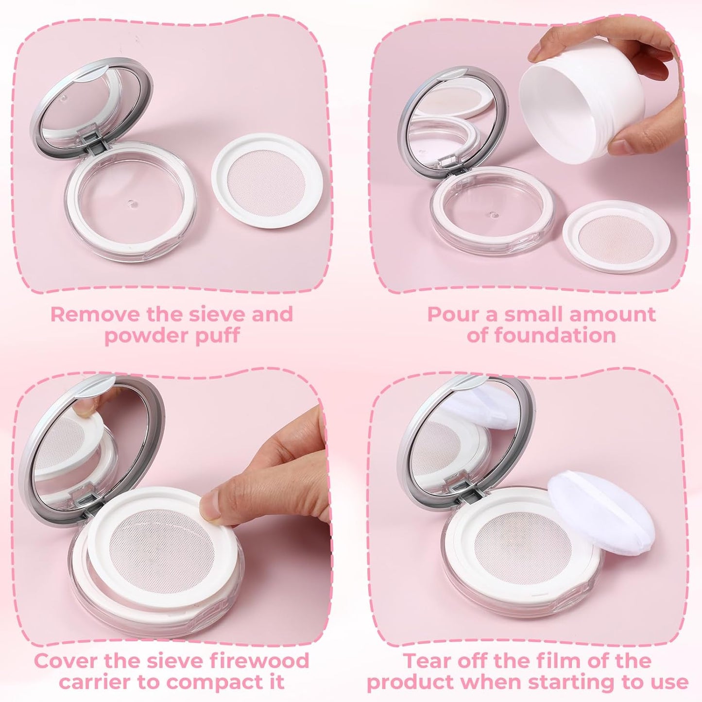 2 PCS Loose Powder Containers with Puff, 0.18oz Travel Powder Container Reusable Empty Makeup Containers Compact Mini Powder-Puff and Container with Mirror and Elasticated Net Sifter for Women Girls