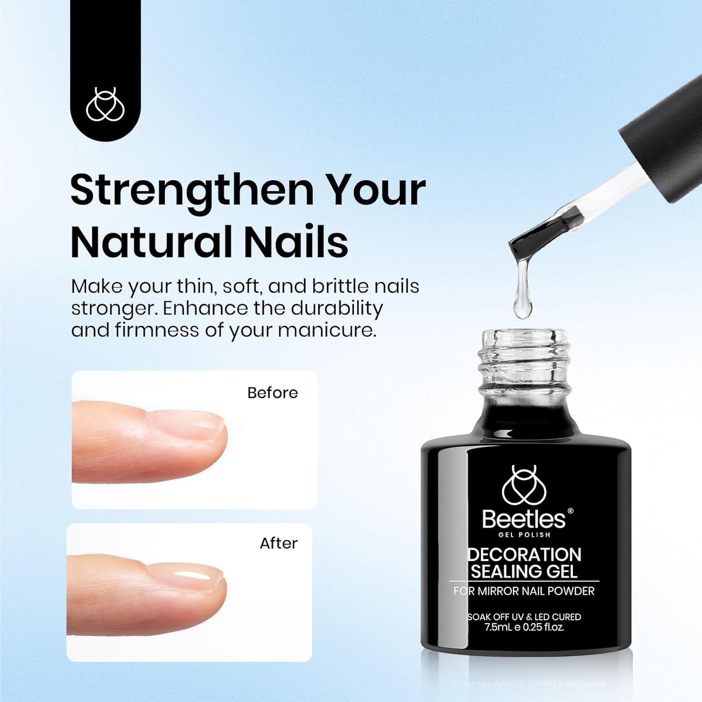 Beetles Chrome Top Coat Gel Nail Polish and Decoration Sealing Gel, 7.5ml*2PCS Chrome Nail Powder Shine Finish and Long Lasting, Soak Off LED U v Lamp Nail Art Design Diy at Home