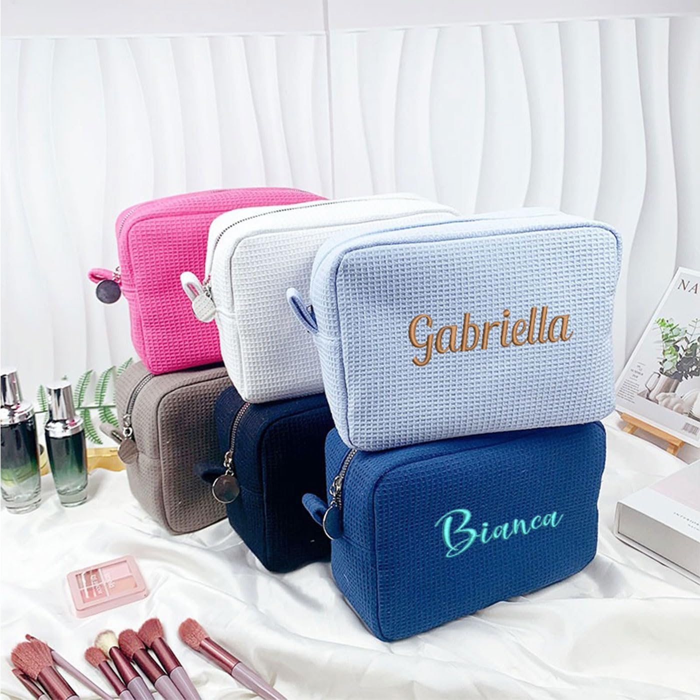 GOPHIE Personalized Embroidered Makeup Bag,Custom Waffle Fabric Cosmetic Pouch for Women, Travel Makeup Pouch (1, Navy Blue)