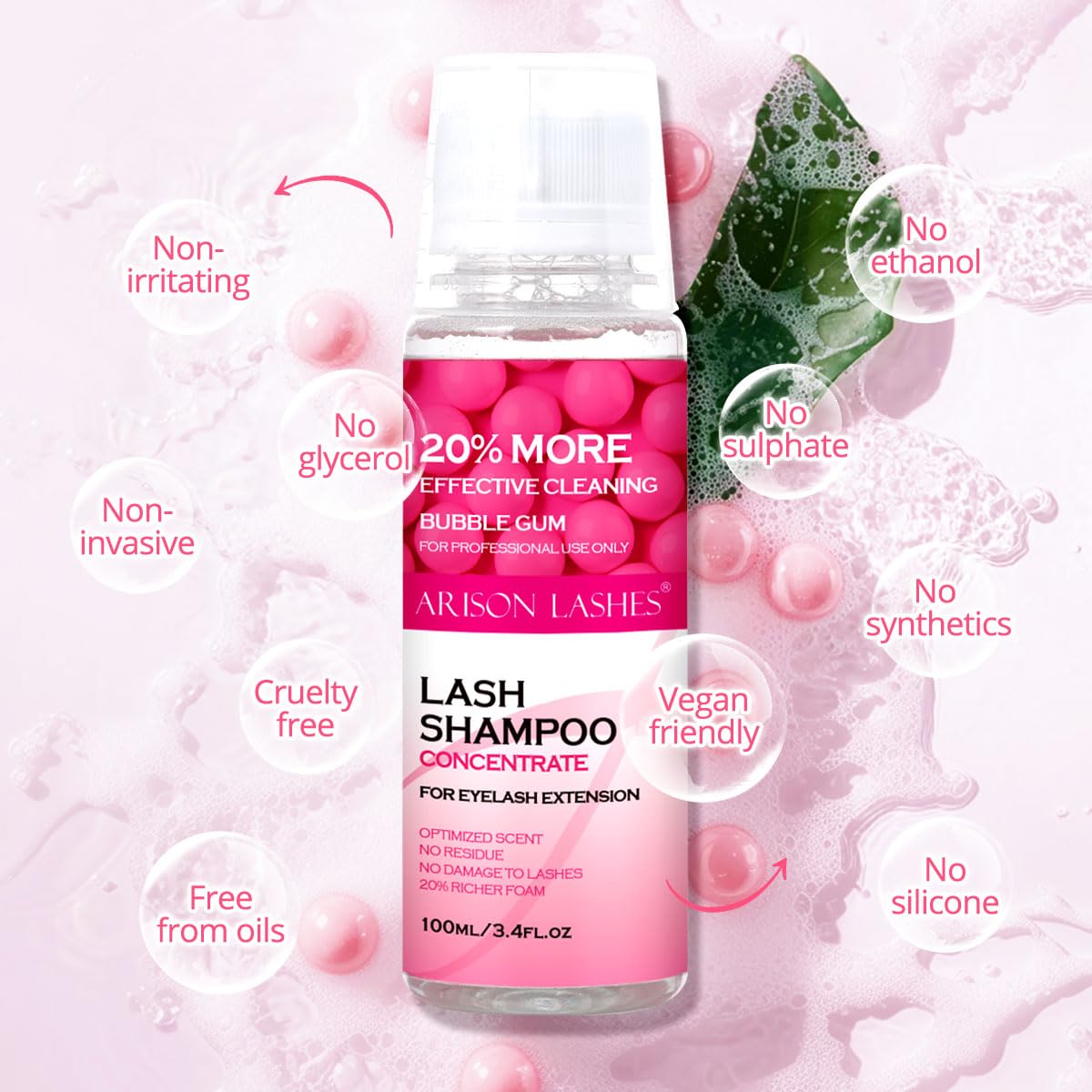ARISON LASHES Lash Shampoo Concentrate for Lash Extensions 100ML Eyelash Cleanser Concentrate Oil-Free Eyelash Extension Shampoo with Salon Home Care(Bubble gum)