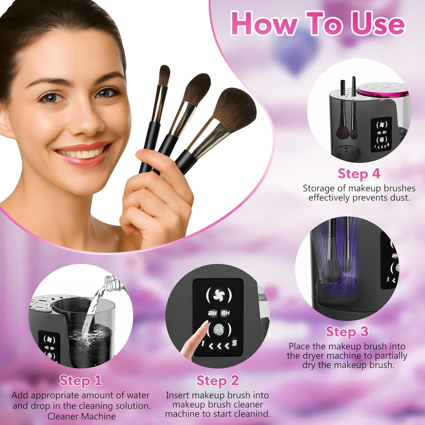 3 IN 1 Electric Makeup Brush Cleaner,Automatic Makeup Brush Cleaner with Makeup Brush Dryer,Portable USB Deep Cleaning for All Size Beauty Makeup Brush Set,Blush Brush (Grey)