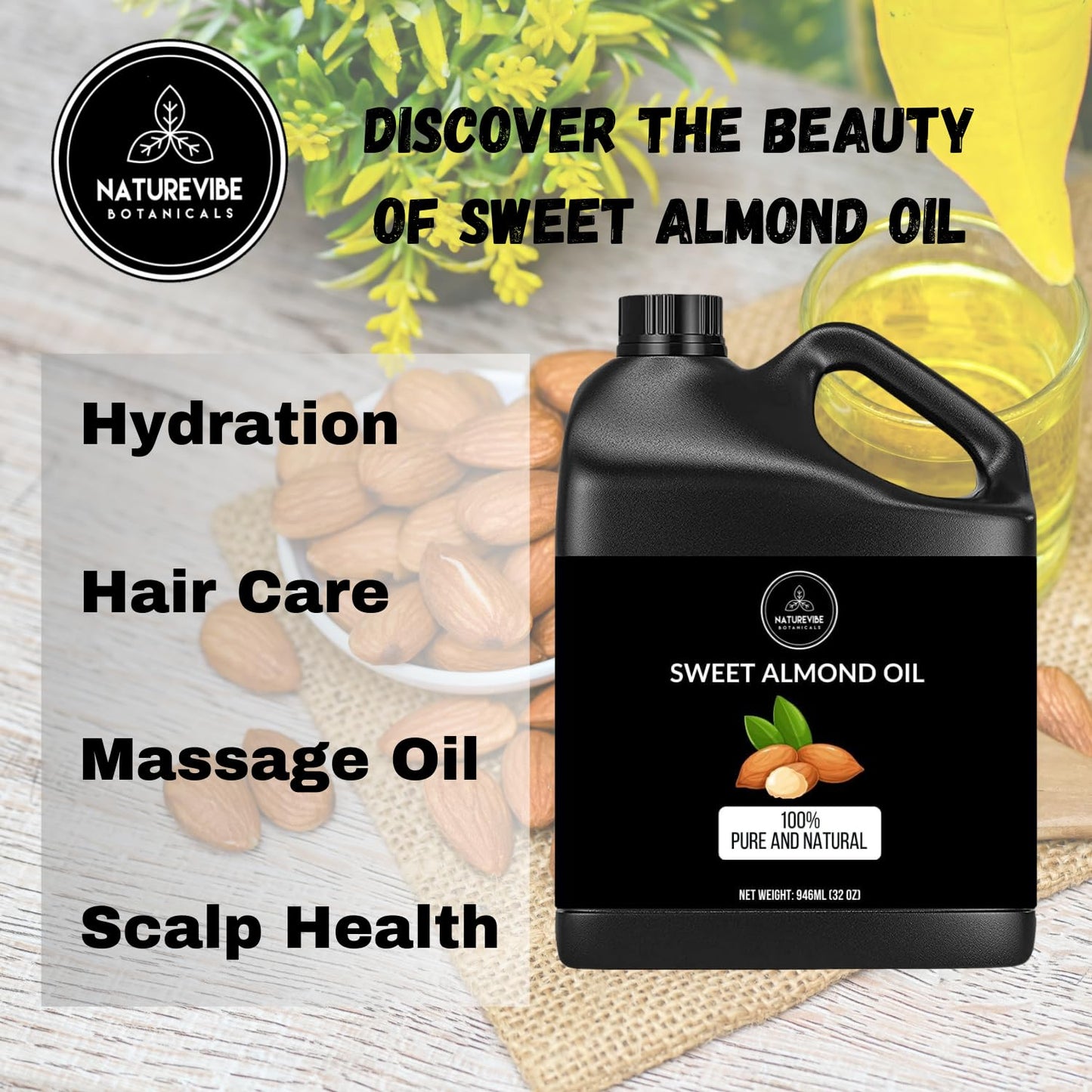 Naturevibe Botanicals Sweet Almond Oil 32 Ounces | 100% Pure and Natural Unrefined Cold Pressed Carrier Oil | Great for Skin Care and Hair Care
