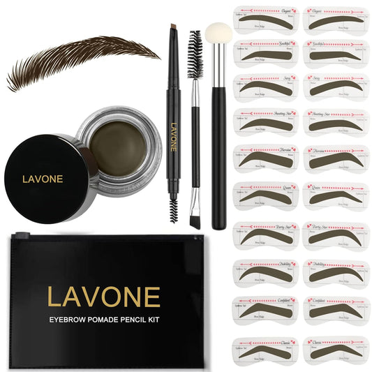 LAVONE Eyebrow Stamp Stencil Kit - Brow Stamp Trio with Waterproof Pencil, Pomade, 20 Stencils, Dual-ended Brush and Sponge Applicator - Ebony