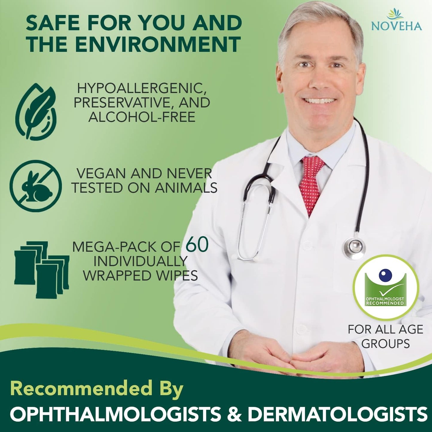 NOVEHA Demodex Eyelid & Lash Wipes | Box of 60 Individually Wrapped Extra Strength Cleansing Eyelash Wipes - Battles Irritated Eyes - Naturally Remove Debris (Pack of 3)