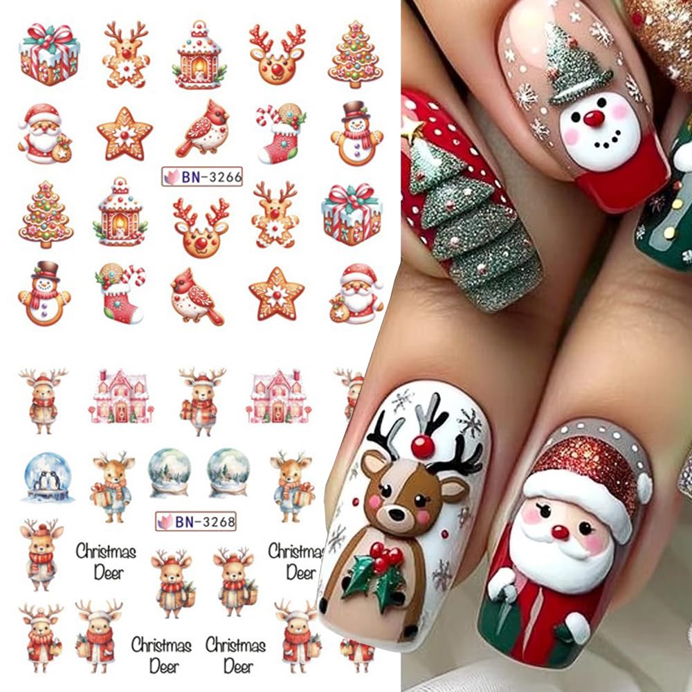 Christmas Nail Art Stickers Decals Winter Snowflake Snowman Acrylic Nail Decals Santa Claus Holographic Water Transfer Nail Foils Cute Gingerbread Man Xmas Tree Elk Penguin Sticker for Women DIY Nails