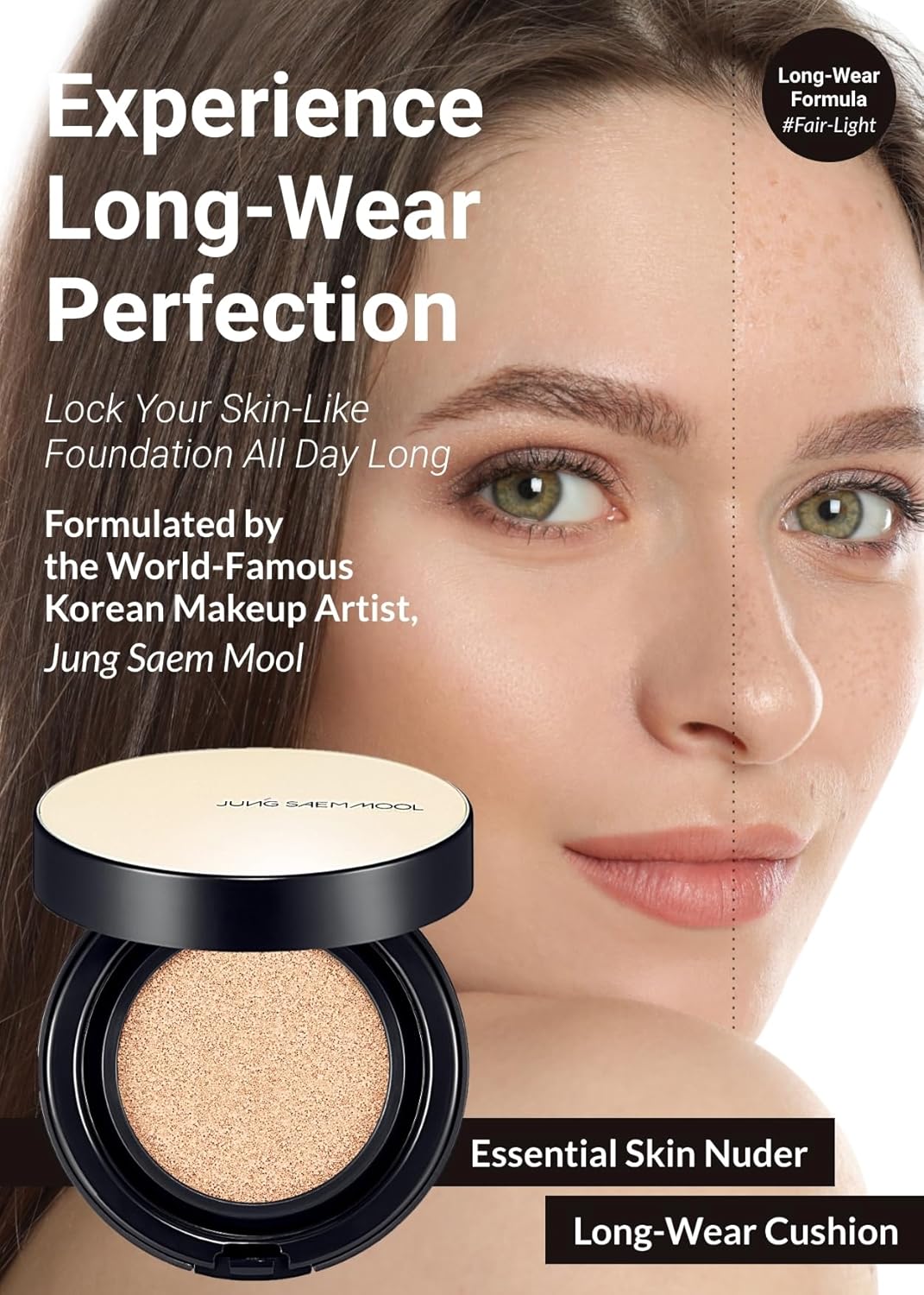 JUNG SAEM MOOL Essential Skin Nuder Longwear Cushion 0.98 Fl Oz (Fair Light), Refill Included, 24H Lasting Cushion Foundation with High Coverage, Semi-Matte Natural Finish, Korean Foundation Makeup