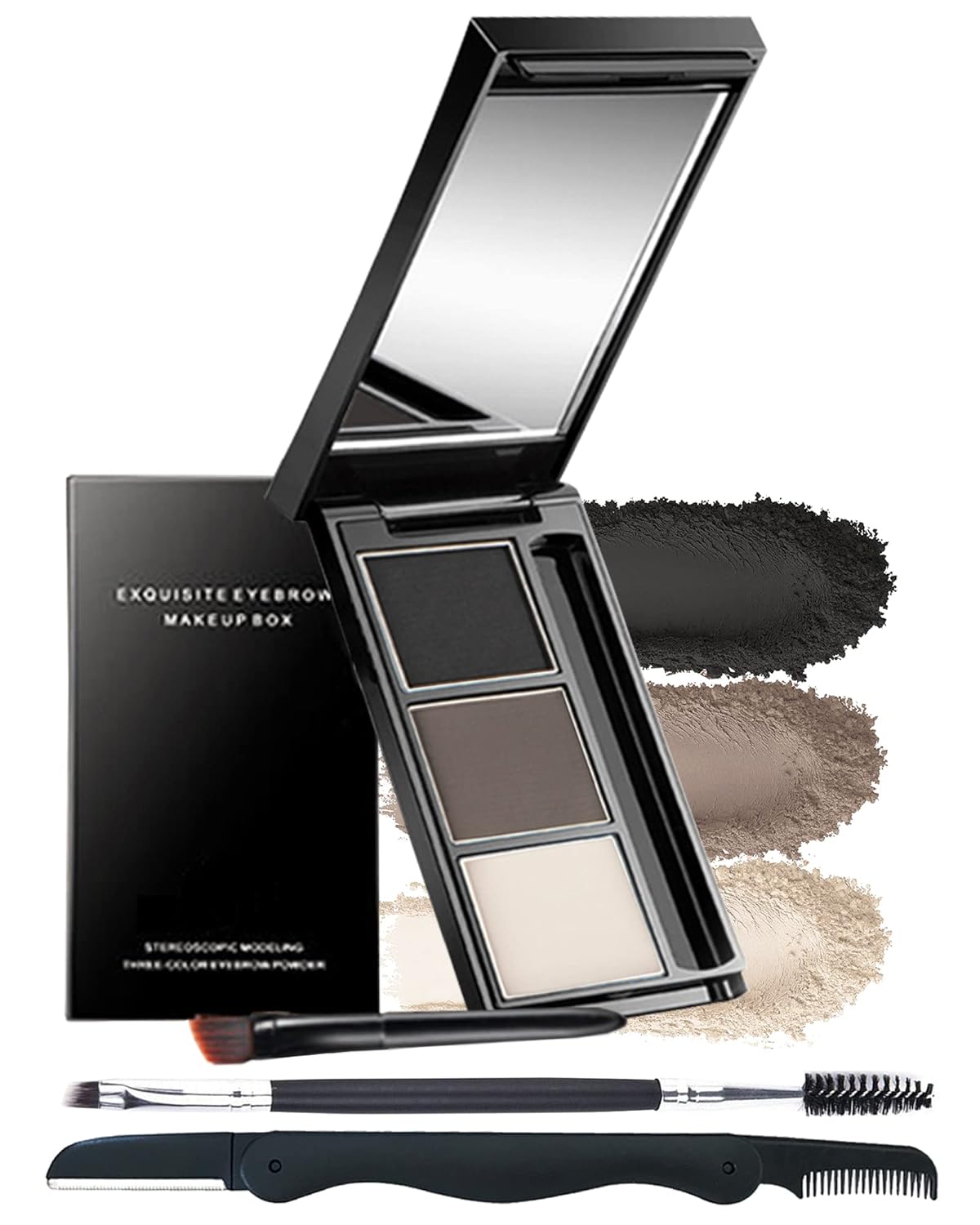 Eyebrow Powder Makeup Kit-3 Colors Eye Brow Powder Palette Long-Lasting Waterproof, Black Brown Series Brow Powder, Fill & Sculpt Full Eyebrows for Women, With Mirror, Brow Brush & Razor-Set 01