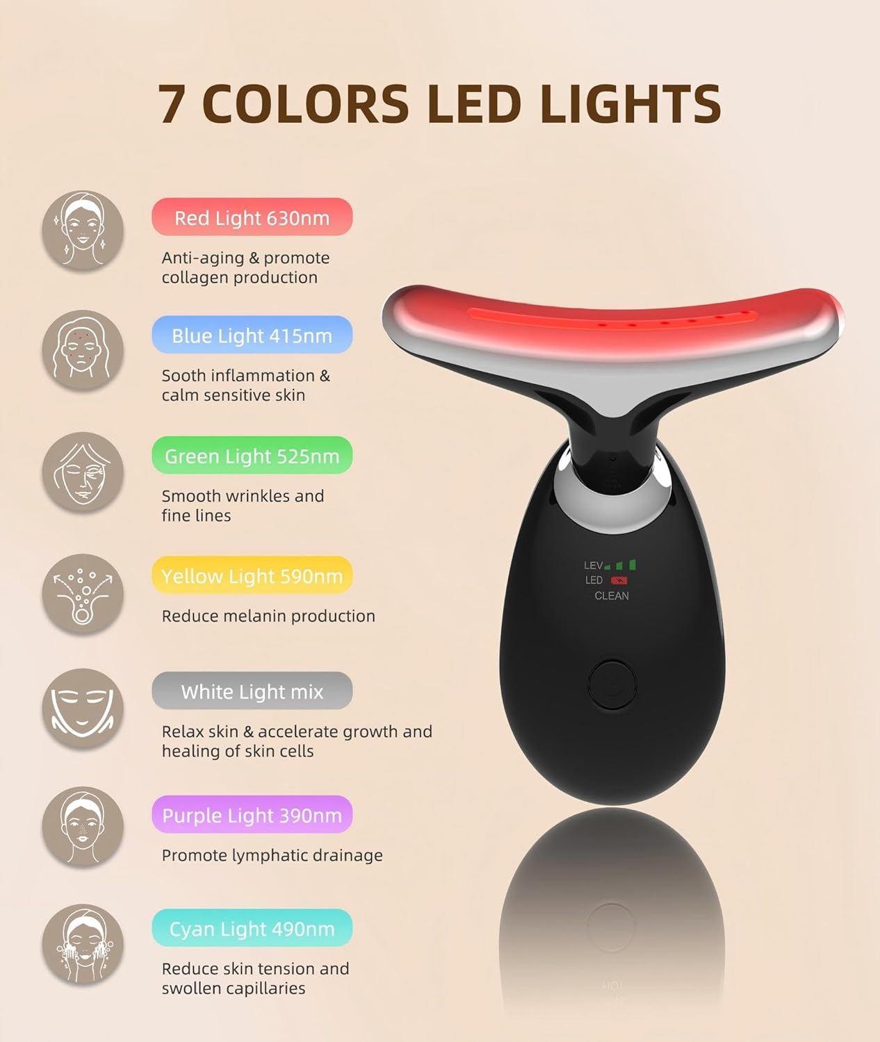 Red-Light-Therapy-for-Face and Neck, 7 Color Light Based Facial Massager, Portable Skin Care Tool (Black)