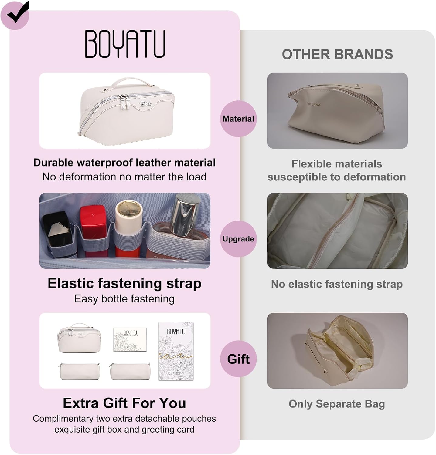 BOYATU Travel Makeup Bags for Women: Vegan Leather Cosmetic Bag Set of 3 - Large Capacity Make up Bag with Divider - Wide Open Waterproof Toiletry Organizer Bag with Handle (05-Off-White)