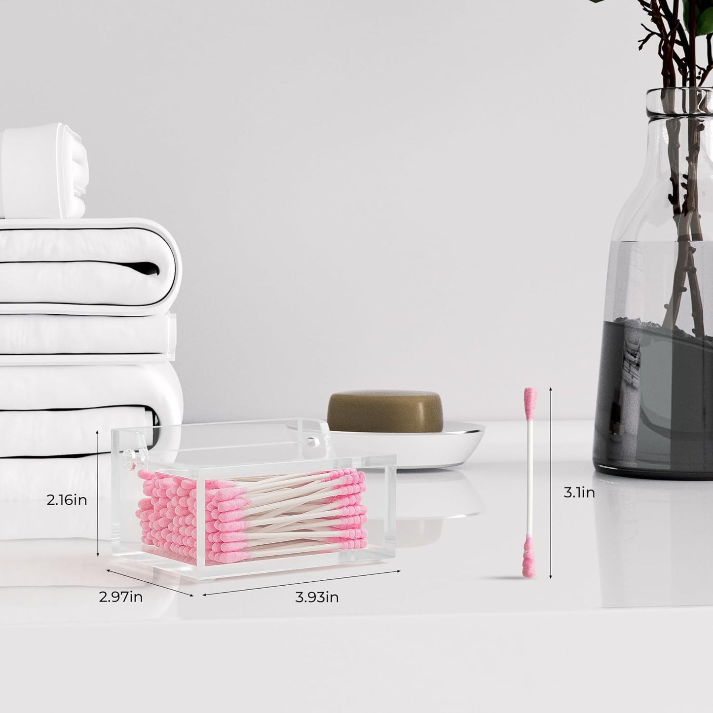 Clear Acrylic Qtip Holder with Lid, Cotton Balls Swab Organizer, 3.9" x 2.8" x 2" Dispenser for Makeup Pad, Floss Picks, Bath Salts, Cosmetic Storage Case, Home Bathroom Decor (DP051)