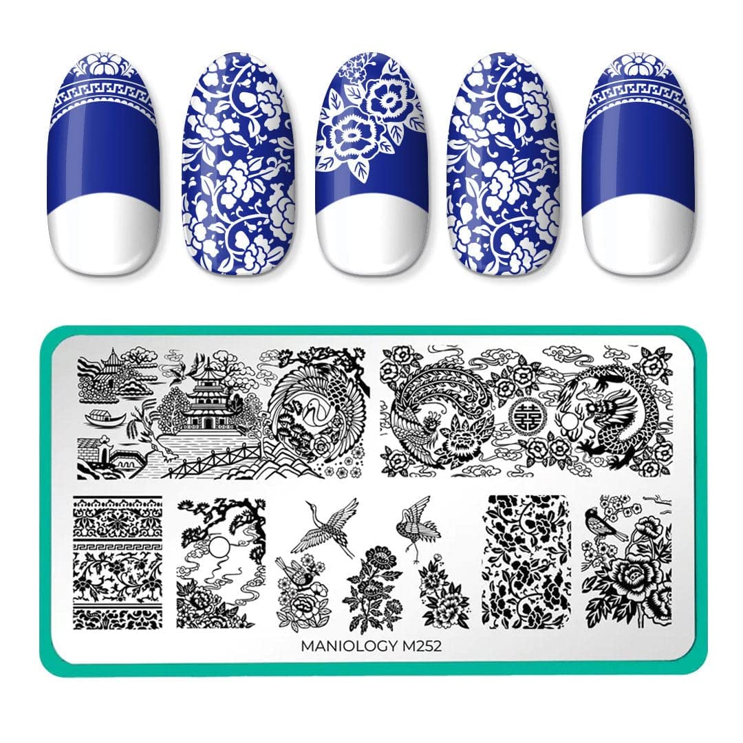 Maniology Porcelain Nail Stamping Plate | Classic Chinese Ceramic Dinnerware Design, Floral Patterns, Elegant DIY Manicure - Reusable, Rectangular, Stainless Steel Nail Art Template