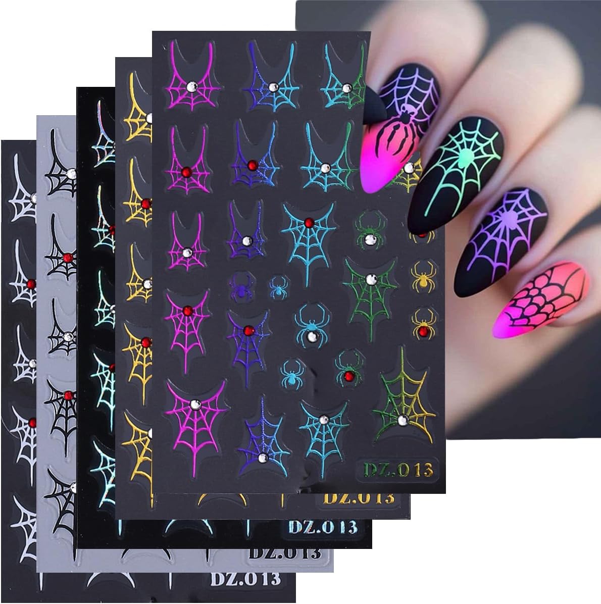5Sheets 5D Embossed Nail Stickers, Halloween Spider Web with Rhinestone Design Self-Adhesive Nail Decals, White, Black, Rainbow, Gold, Laser Silver Nails Adhesive Sliders for Women Art Decorations