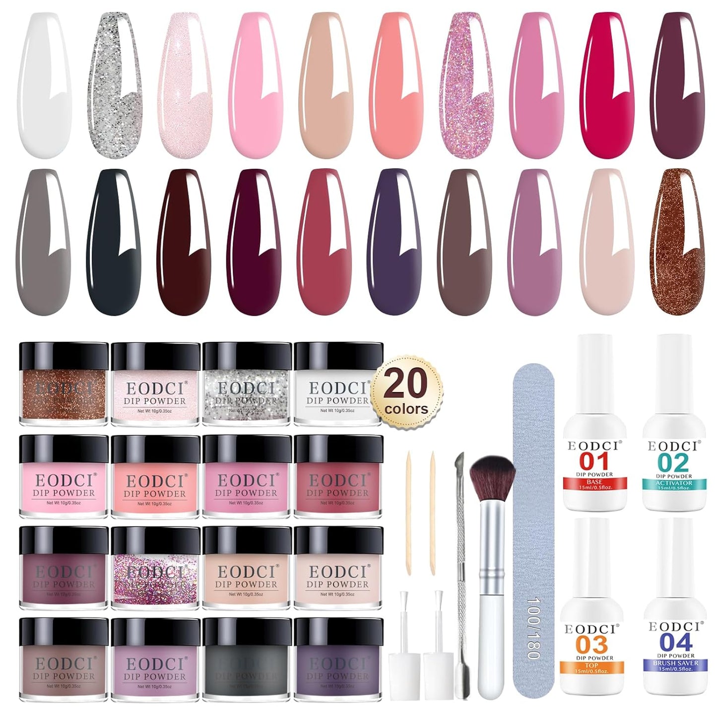 31 Pcs Dip Powder Nail Kit Starter - 20 Colors Nude Pink Skin Dipping Powder Liquid Set with Base Top Coat, Activator, Brush Saver, Nail Buffer and Brush No Needed Lamp Curing