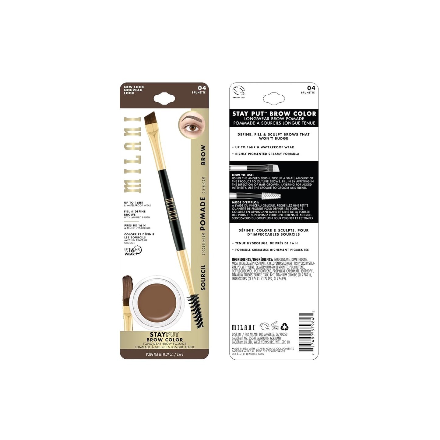 Milani Stay Put Brow Color - Brunette (0.09 Ounce) Vegan, Cruelty-Free Eyebrow Color that Fills and Shapes Brows