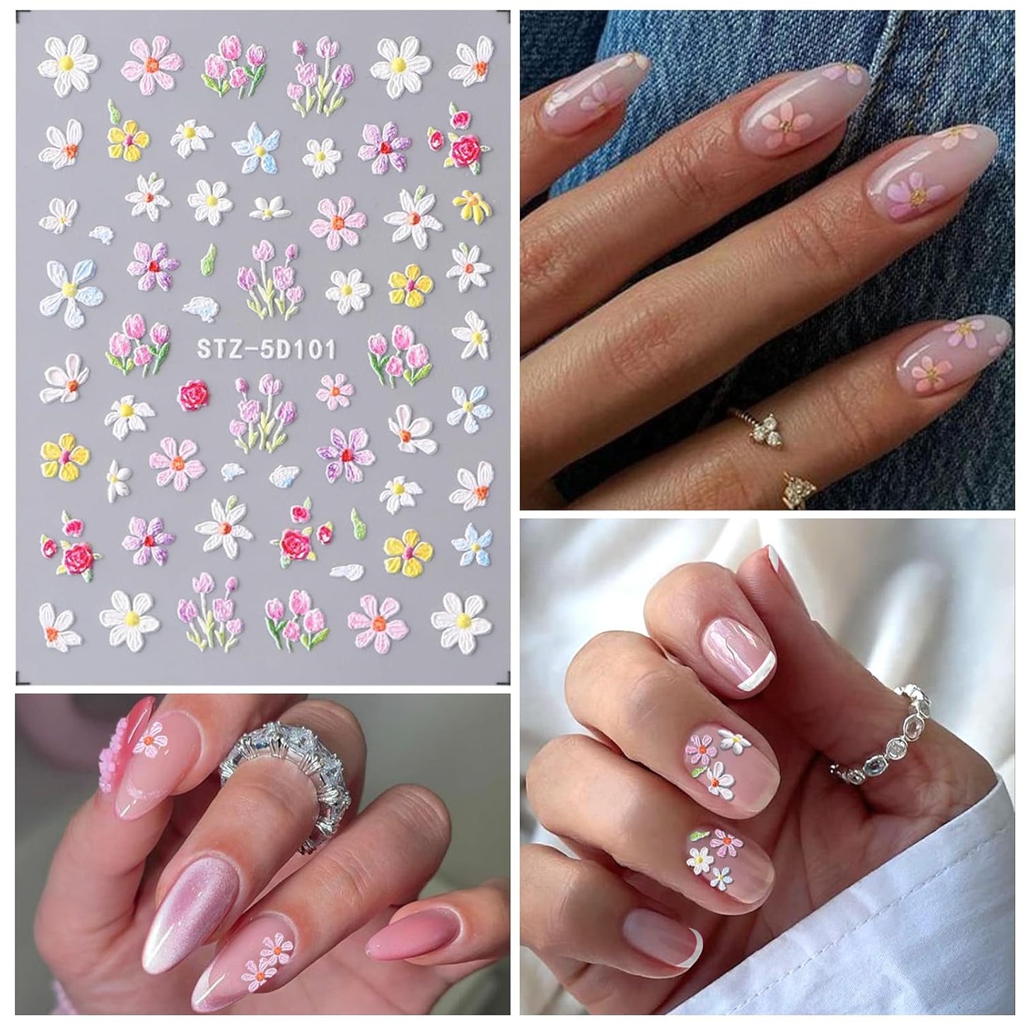 Flower Nail Art Stickers 7 Sheets 5D Nail Decals Spring Summer Nails Art Design 3D Self-Adhesive Supplies White Yellowe Daisy Flower Nails Decoration for Women DIY Design