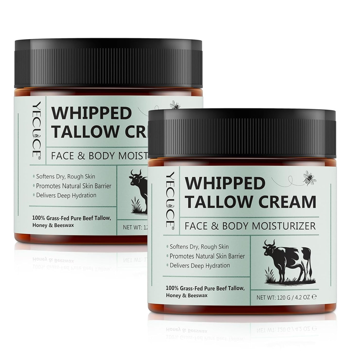 ReliCo Beef Tallow for Skin Moisturizer - Organic Whipped Grass Fed Beef Tallow with Honey Cream for Body, Unscented, 2pcs