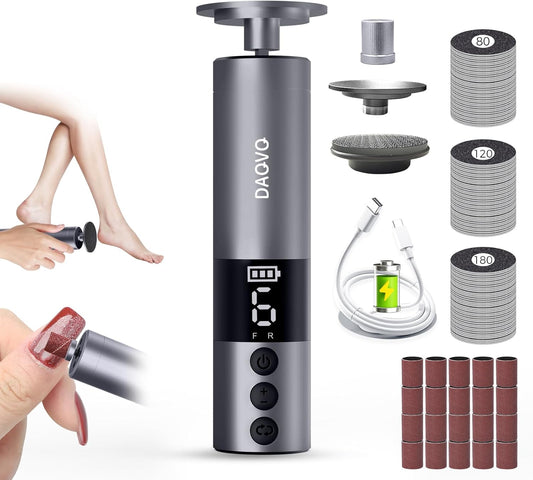 Electric Foot Callus Remover with Nano-Glass Head & 60pcs Sandpaper Discs(3 Sizes),2 in 1 Cordless Aluminum Callus Remover for Feet and Nail Care,Adjustable Speed Pedicure Tools for Dead Skin-Grey