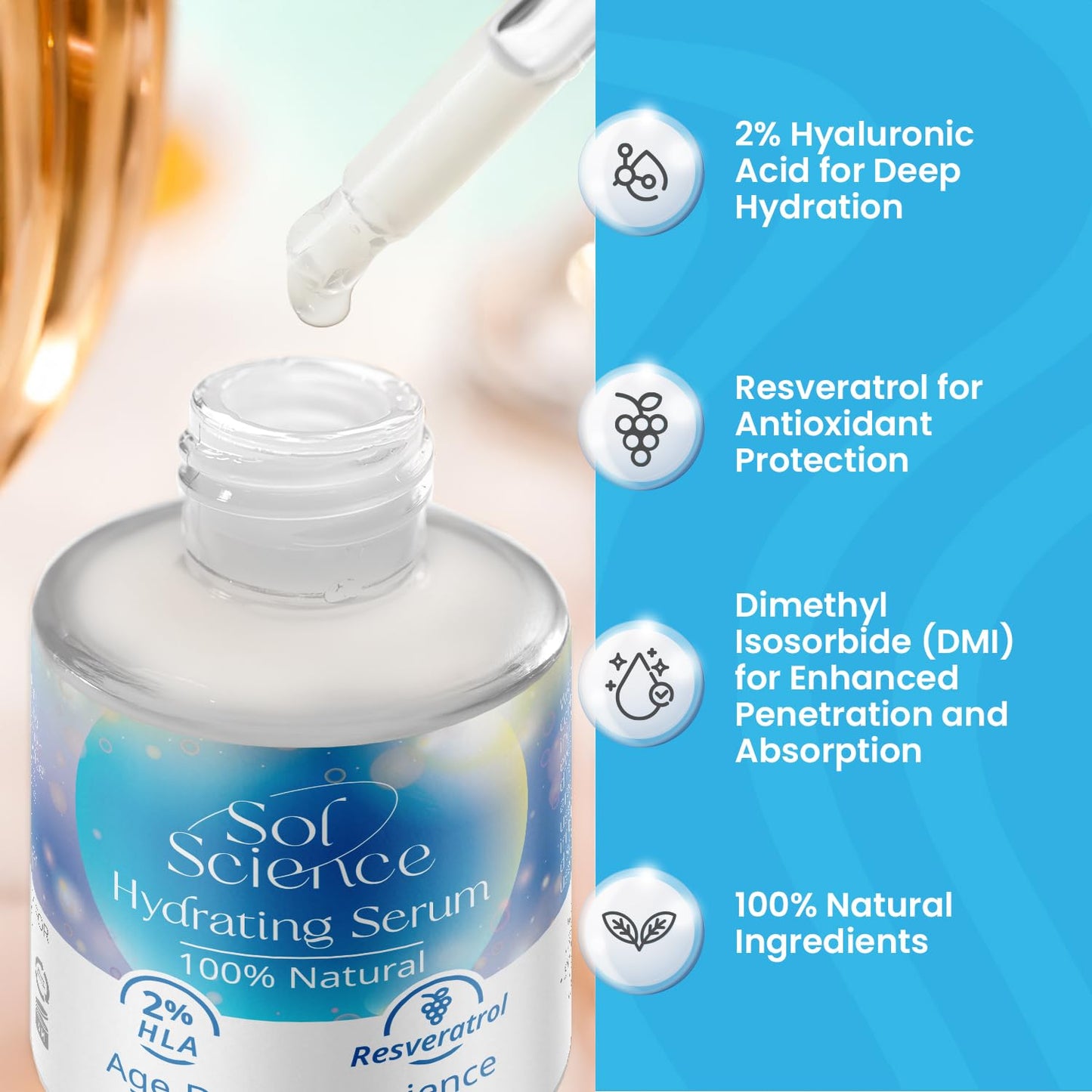 Ultra Hydrating Face Serum – Hyaluronic Acid + Resveratrol for Dry Skin – Lightweight All Natural Formula for Daily Moisture & Radiance – Boosts Moisture for a Dewy Glow 1.17 FL Oz