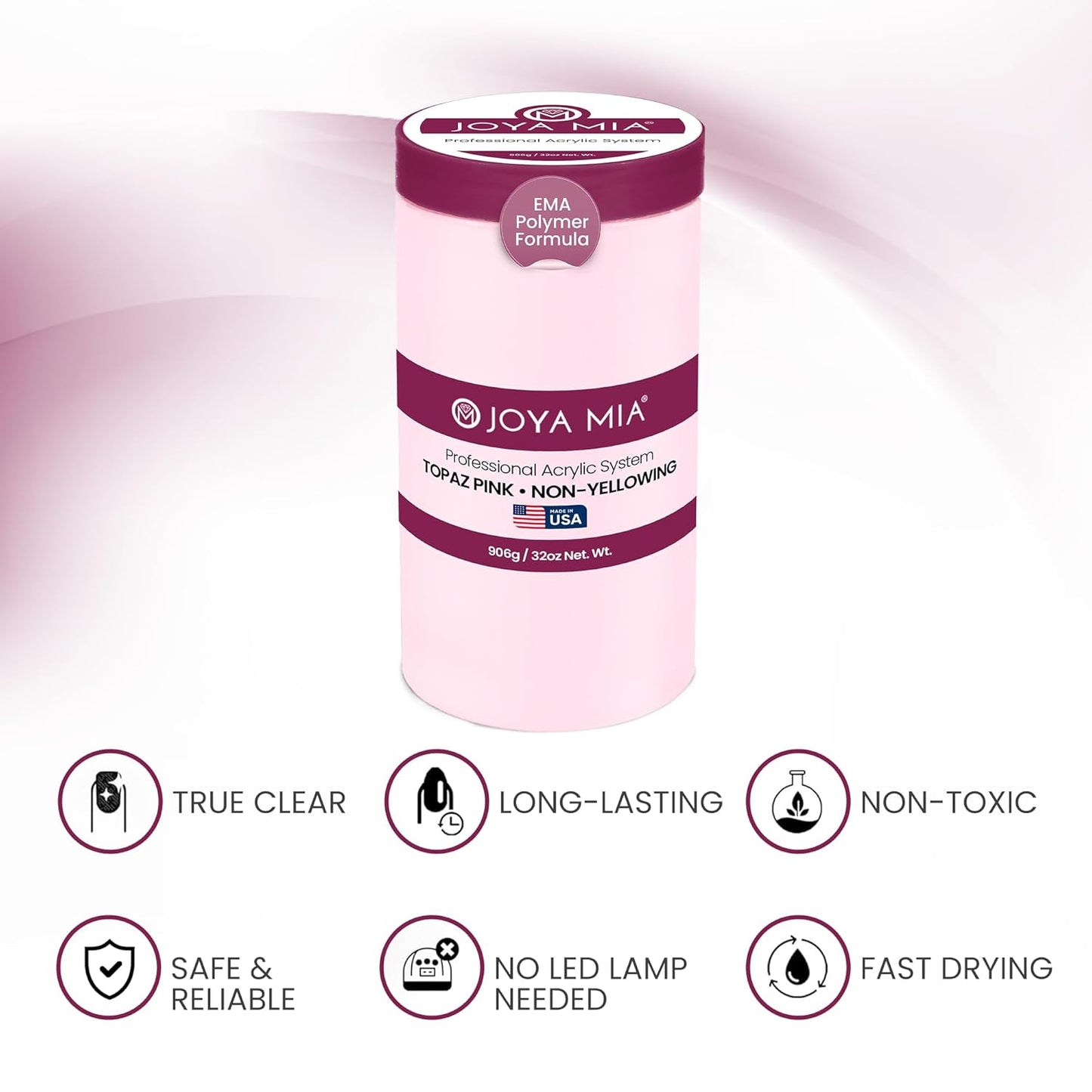 Joya Mia Acrylic Powder for Nails, MMA-Free, Super Adhesion Professional Powder for Flawless & Long-Lasting Nail Enhancements, Easy Application, Vibrant & Stunning Colors - Topaz Pink, 32 oz