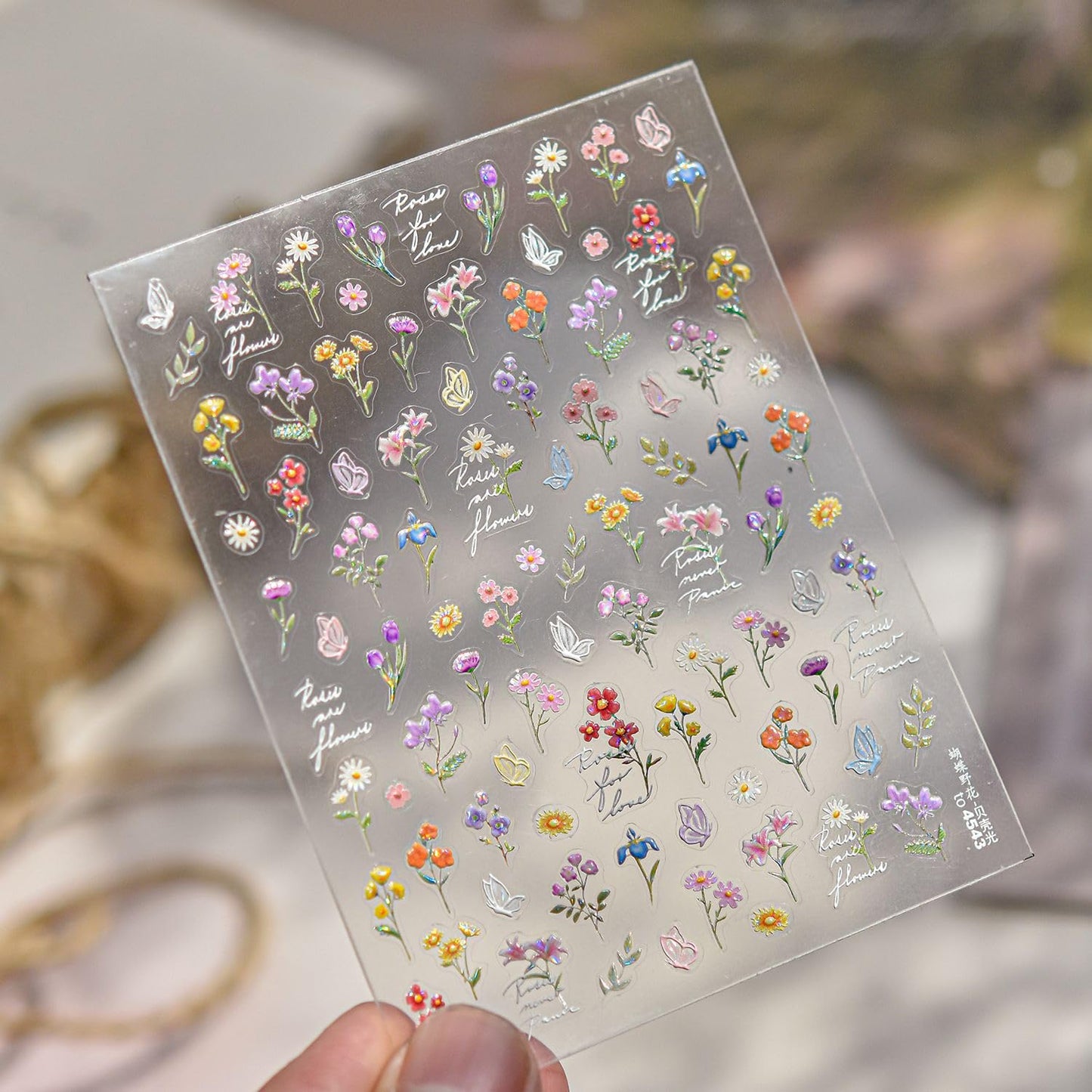 Flowers Nail Art Stickers for Acrylic Nails Colorful Flower Nail Decals 5D Embossed Self Adhesive Daisy Nail Sticker with Butterfly Designs Nail Stickers Spring Cute Floral Nail Decal for Women