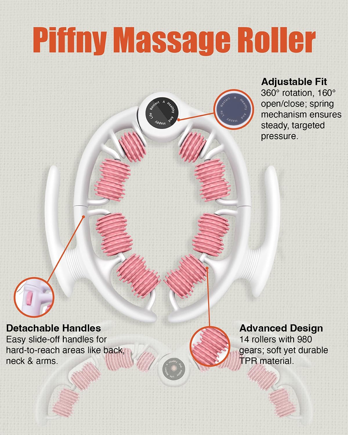 Cellulite Massage Roller - Anti-Cellulite Massager with Detachable Roller Handles for Thighs, Legs & Buttocks - Fascia Massage Tool for Lymphatic Drainage & Deep Tissue Therapy (Pink)