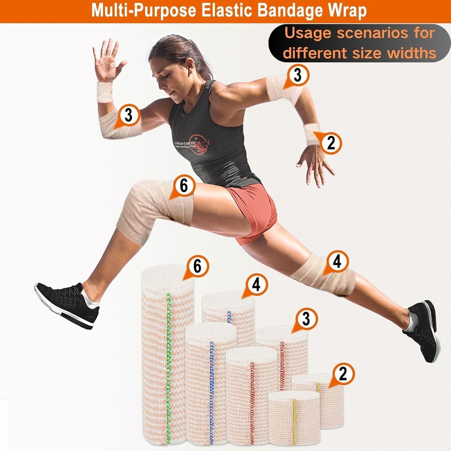 Premium Elastic Bandage Wrap 4 inch 6 Pack Reusable Versatile Self-Closing Compression Bandage Wraps for Ankles, Wrists Knee, Tummy and Body Cotton Lymphedema Wraps for Legs Latex-Free
