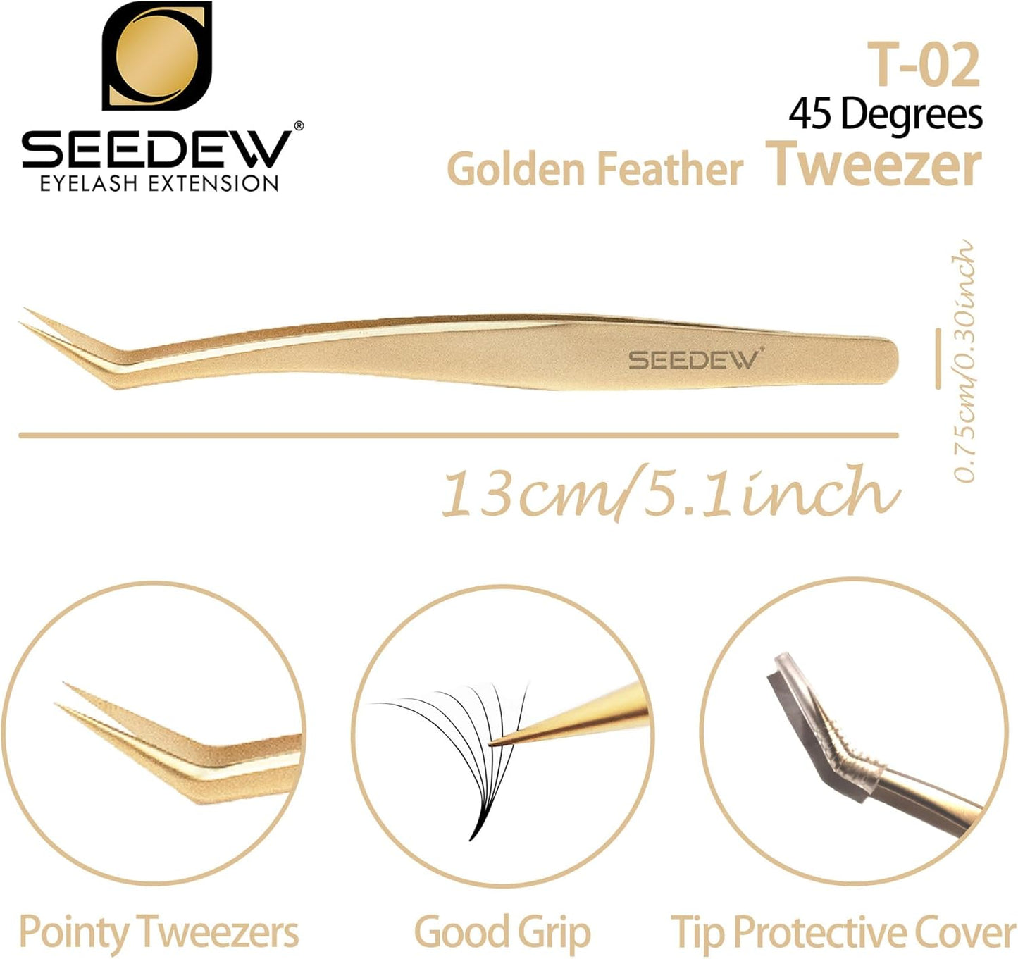 Tweezer Eyelash Extensions - 1 PCS Stainless Steel 45 Degree Curved Pointy Tweezer Isolation Professional Precision Supplies Lash Application Tools for Lash Tech and Artist (Golden)