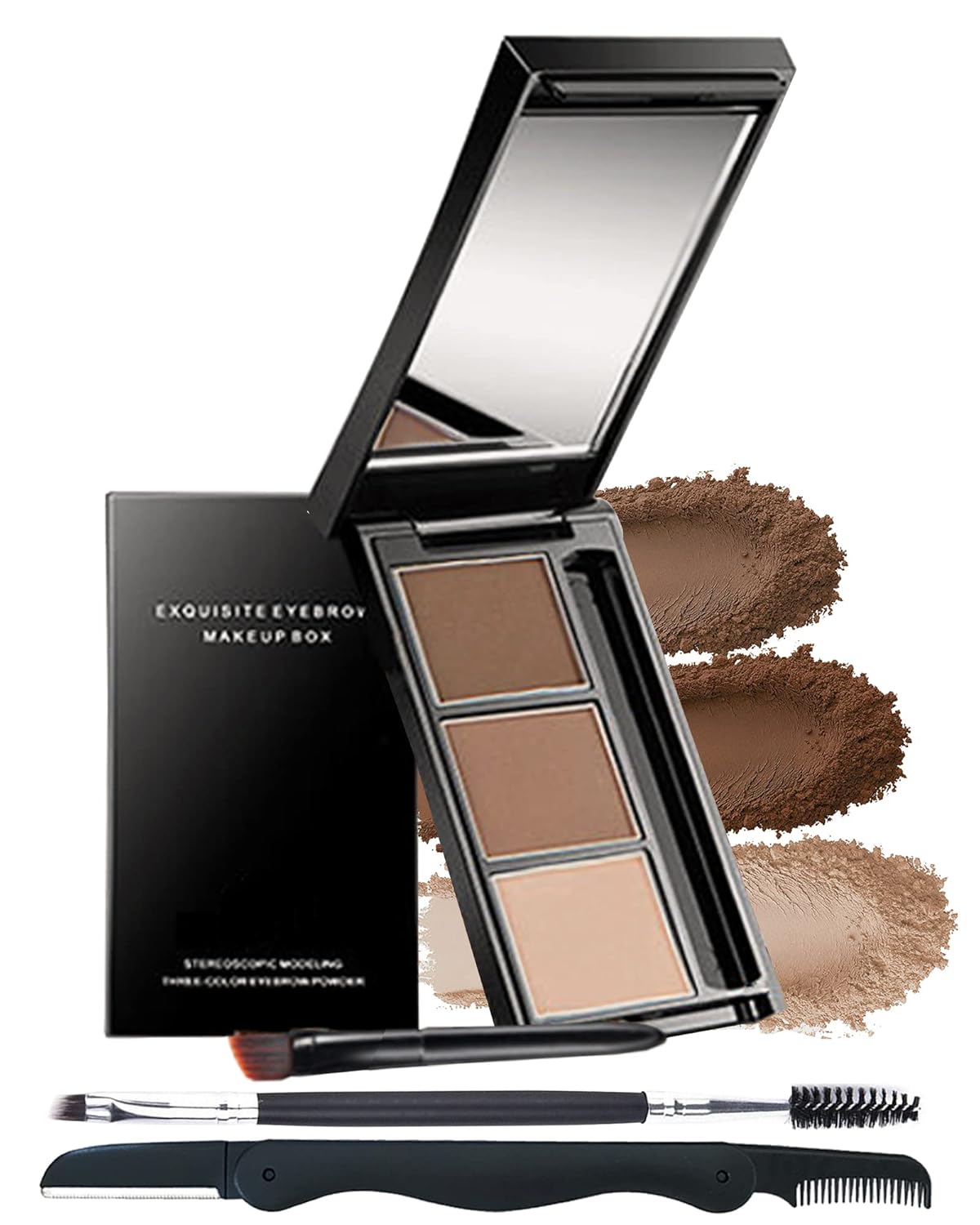 Eyebrow Powder Makeup Kit-3 Colors Eye Brow Powder Palette Long-Lasting Waterproof, Dark/light Brown Brow Filler, Fill & Sculpt Full Eyebrows for Women, With Mirror, Brow Brush & Razor-Set 02