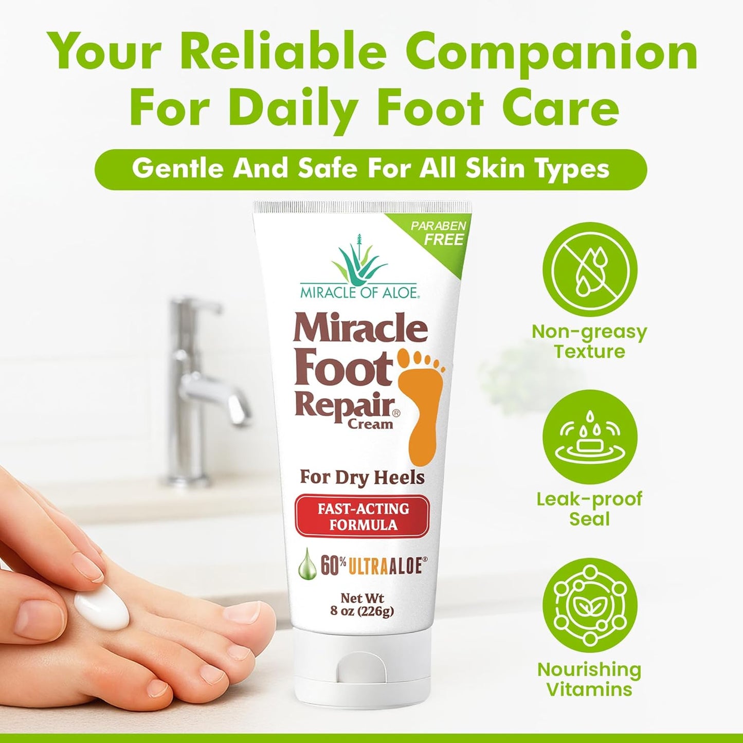 Miracle Foot Repair Cream (8 oz & 1 oz) Repairs Dry Cracked Heels and Feet, 60% Pure UltraAloe Moisturizes, Softens, and Repairs