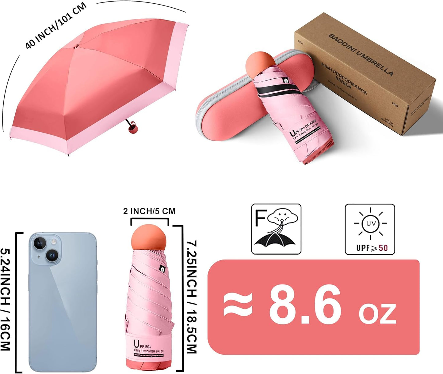 BAODINI Travel Mini Umbrella for Purse With Case Small Compact UV Sun Protection Sun Lightweight Tiny Pocket Umbrella for Women Kids and Men