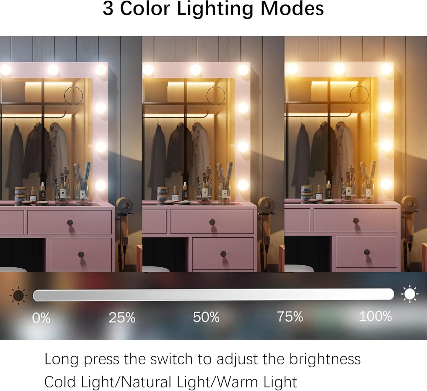 11 Drawers Vanity Desk, Makeup Vanity with Power Outlet, Glass Top, Vanity with Mirror and Light, 3 Color Option, Brightness Adjustable, Dressing Table for Bedroom