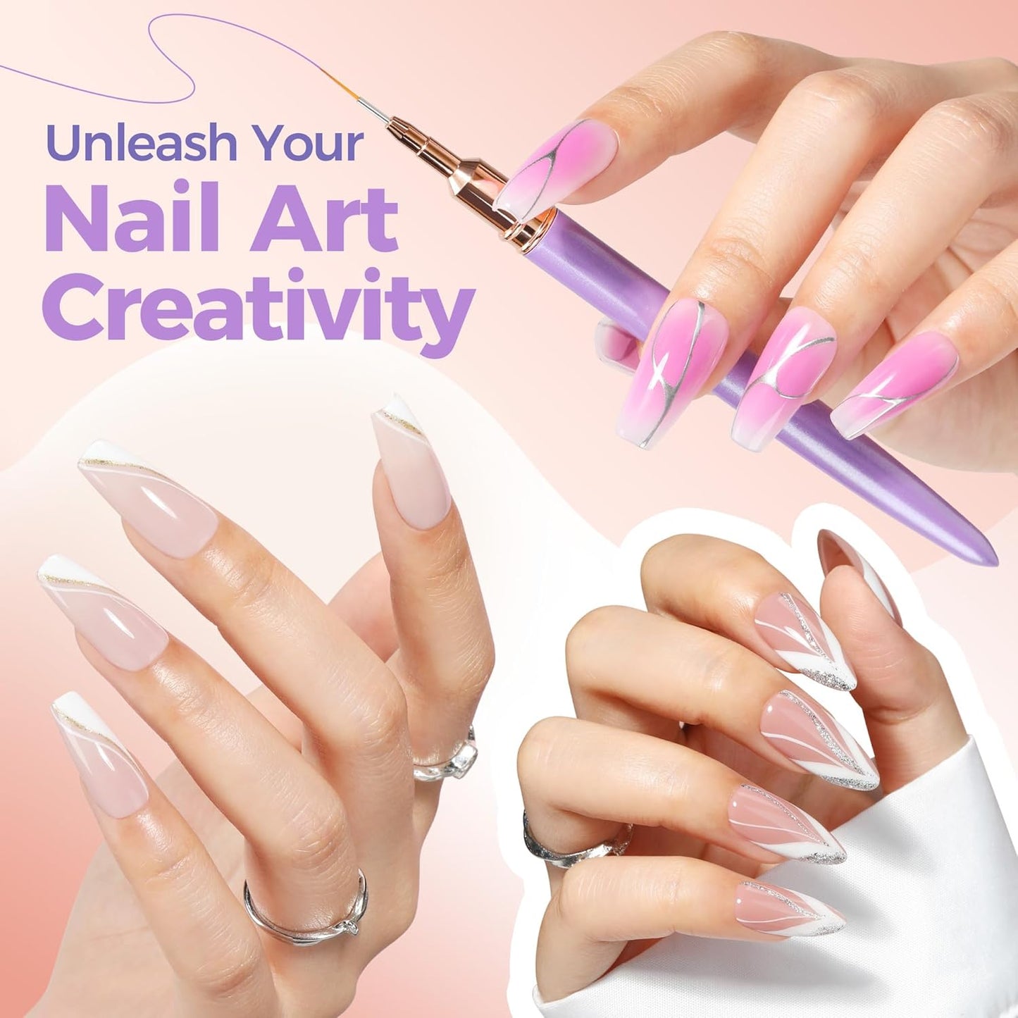 UNA GELLA Nail Art Pens Metallic, Liner Brushes Set For Nail Art Gel Polish, 5Pcs Purple Color, Detail Nail Art Design Painting Brush Set For Nails Gel Fine Drawing Nail Tools, Sizes 7/9/11/15/25mm