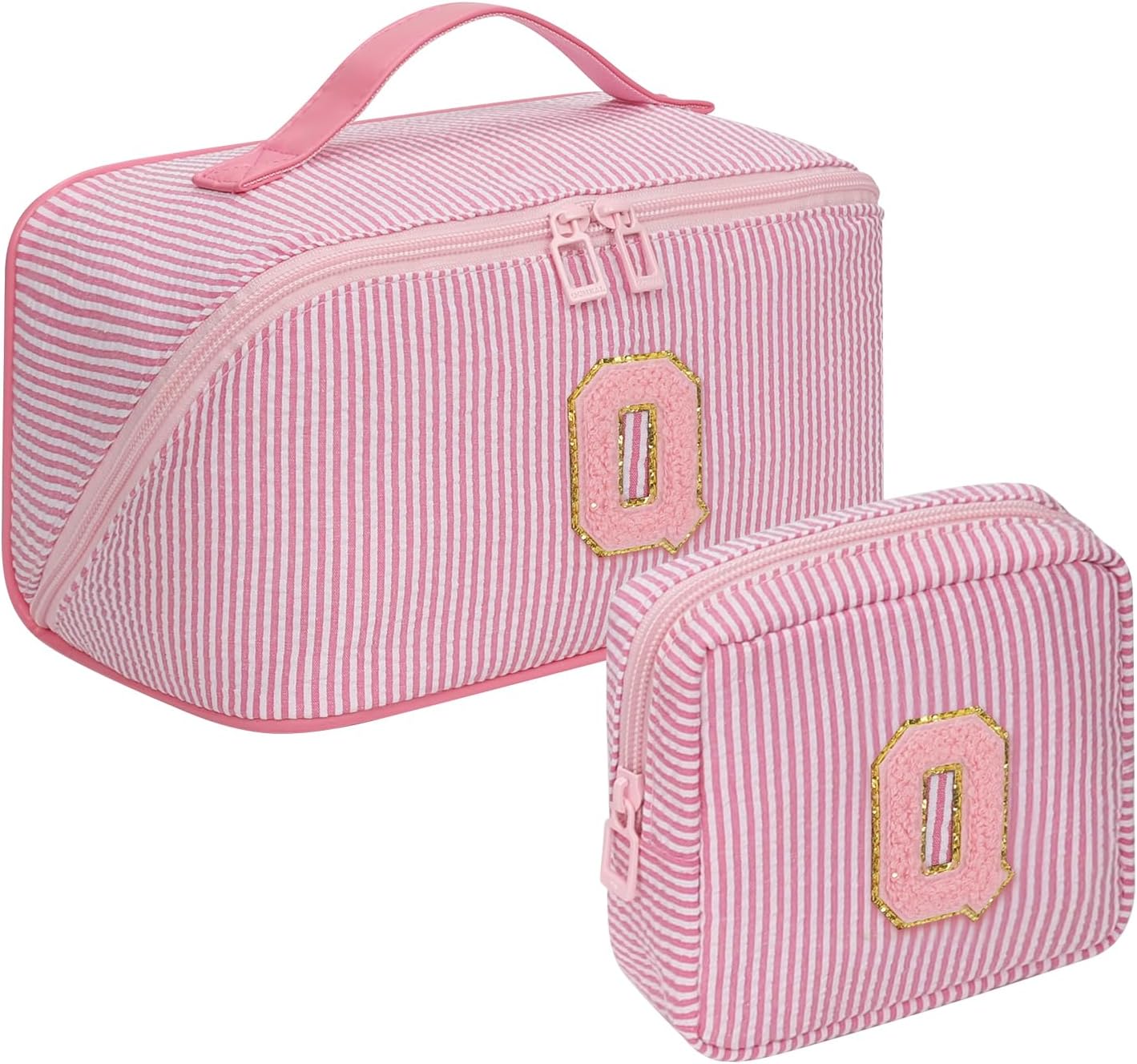 Travel Makeup Bag for Women, 2Pcs Portable Personalized Initial Makeup Organizer Bag, Open Flat Large Cosmetic Bag With Travel Essential Pouch (Pink Letter Q)