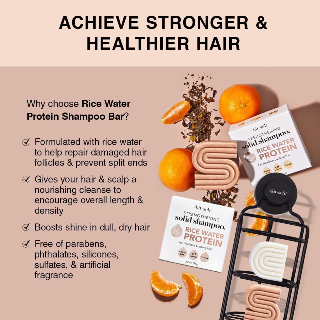 Kitsch Rice Water Shampoo & Conditioner Set – Solid Shampoo & Conditioner Bar with Protein for Hair Growth, Strengthening Hair & Damage Repair – Paraben, Sulfate & Silicone Free – 2 Pack