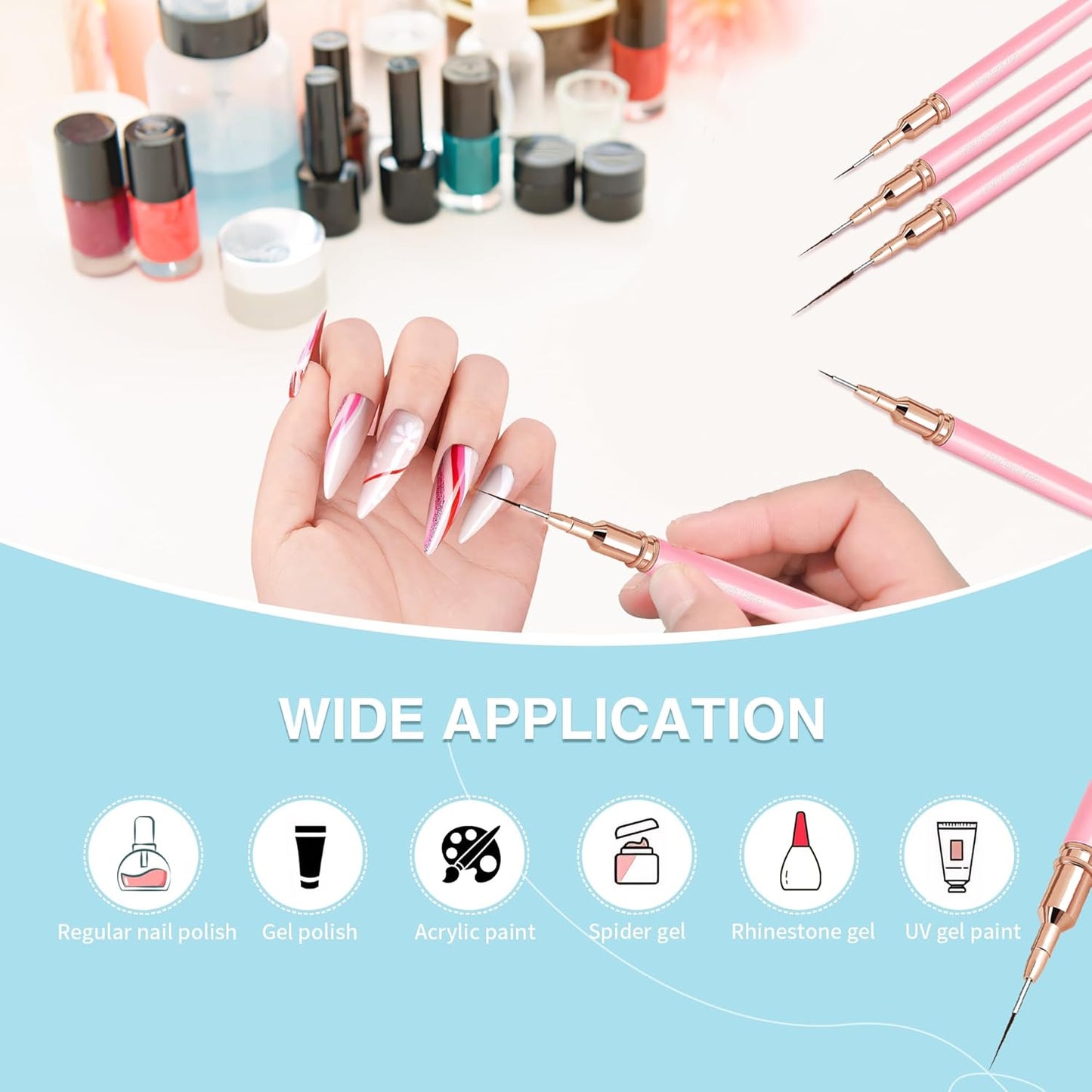 Metallic Nail Art Brushes, 5Pcs Nail Art Liner Brushes, Painting Art Design Brush Set Nail Dotting Drawing Tool for Long Lines, Thin Details, Fine Drawing Sizes 4/8/12/20/25mm, Pink