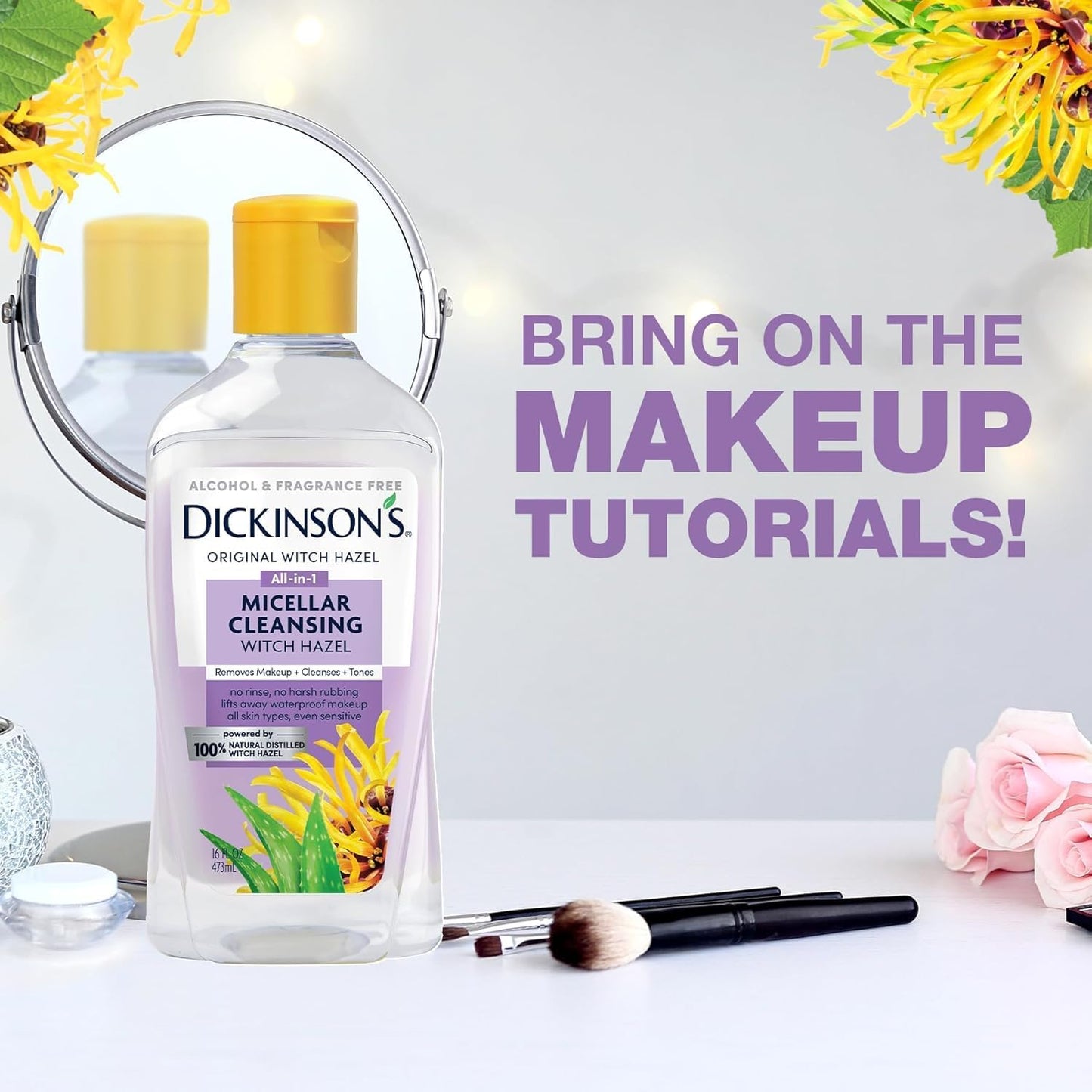 Dickinson's Micellar Cleansing Witch Hazel, An All-in-1 Makeup Remover, Pore Refiner, Skin Cleanser and Toner; Alcohol Free with Aloe, for Sensitive Skin, 16oz