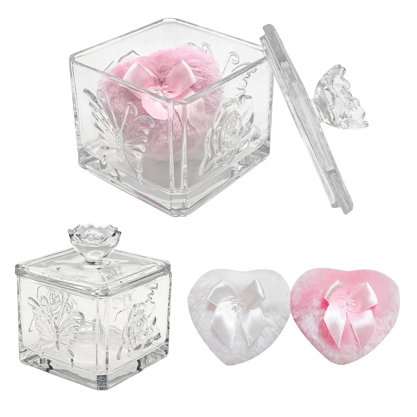 Body Powder Puff and Container - Glass Dusting Powder Container with 2 Soft Puffs – Vintage Powder Puff Case for Women & Girls (3.74x3.74x4.53 H IN) - GRB013-Transparent
