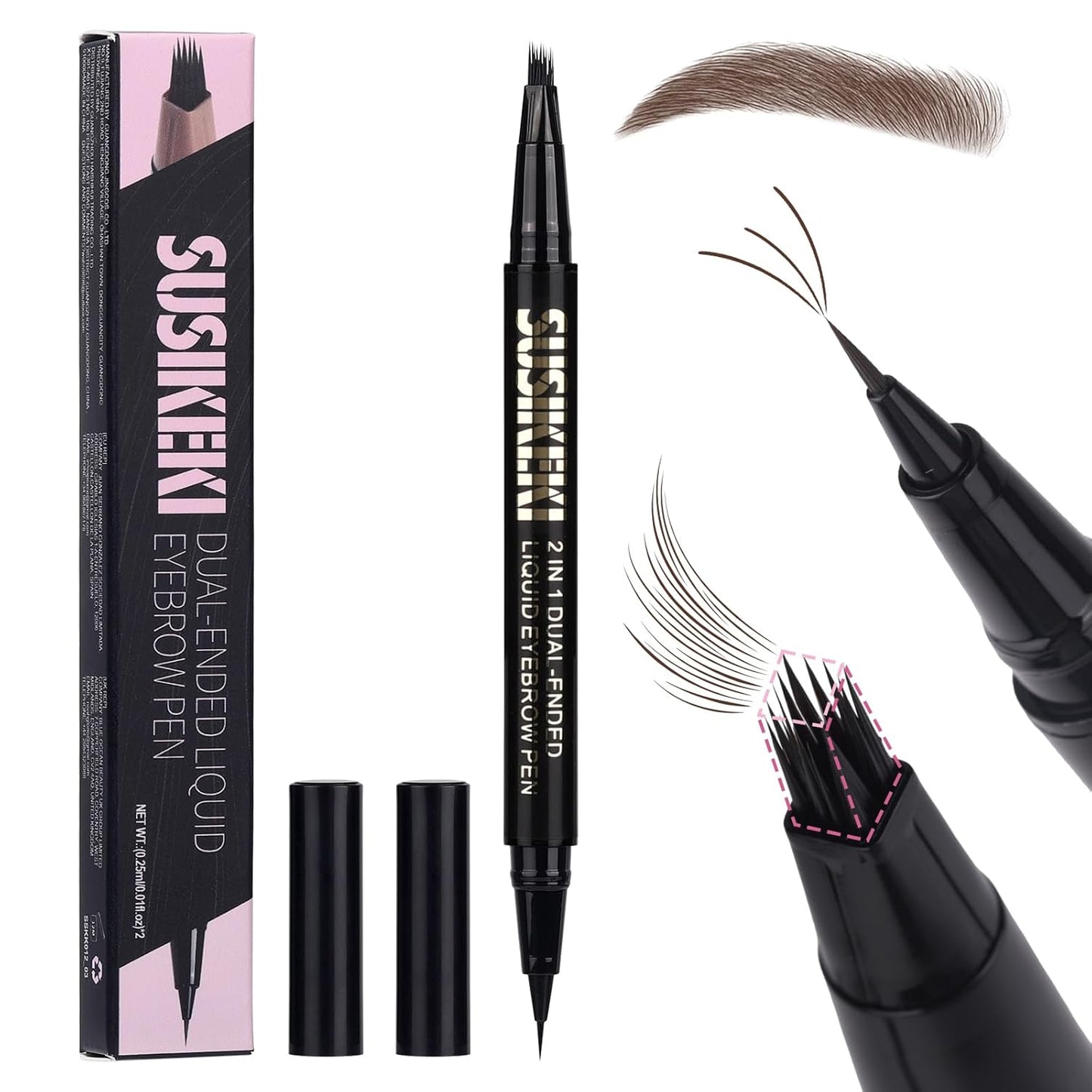 Dual Ended Microblading Eyebrow Pen - 2 in 1 Liquid Eyebrow Pencil with Brow-Fection Angled Brush & Precise Detail Brush-Tip, Shapes & Fills Hair-Like Looking Brows, Lasts All-Day, Dark Brown
