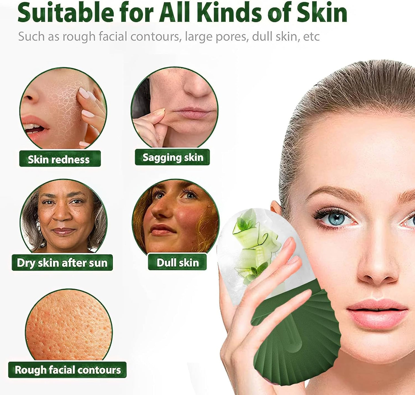 KOGITI Face Ice Roller & Mold - Beauty Facial Massage Tool for Puffiness Relief, Ice Cube Holder (Shell-Green)