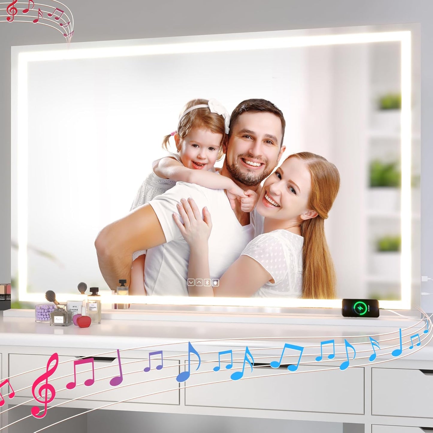 Hasipu Vanity Mirror with Lights and Bluetooth Speaker, 42" x 29.5" LED Makeup Mirror, Lighted Makeup Mirror with Dimmable 3 Modes, Touch Screen Control Vanity Mirror Square White