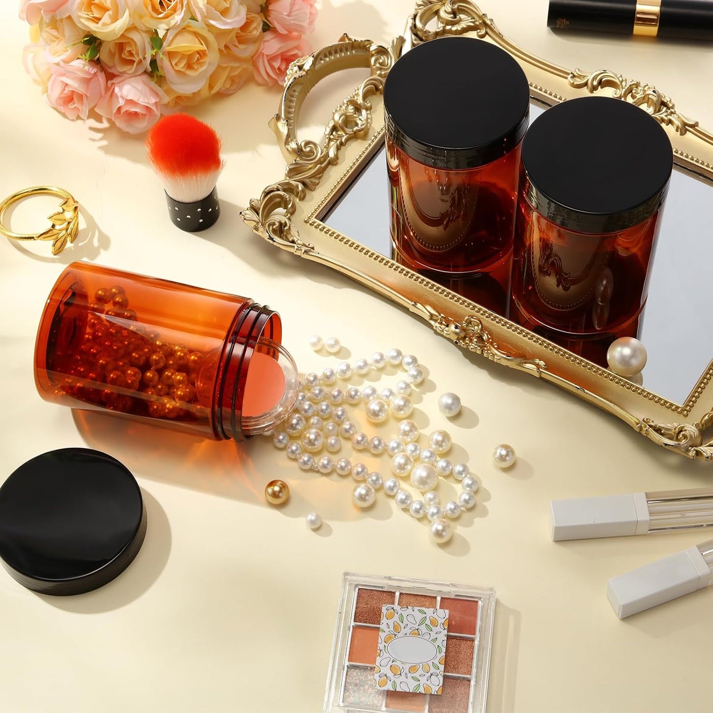 SATINIOR 24 Pieces Empty Clear Plastic Jars with Lids Round Storage Containers Wide Mouth for Beauty Product Cosmetic Cream Lotion Liquid Butter Craft and Food(Amber Lid,10 oz)