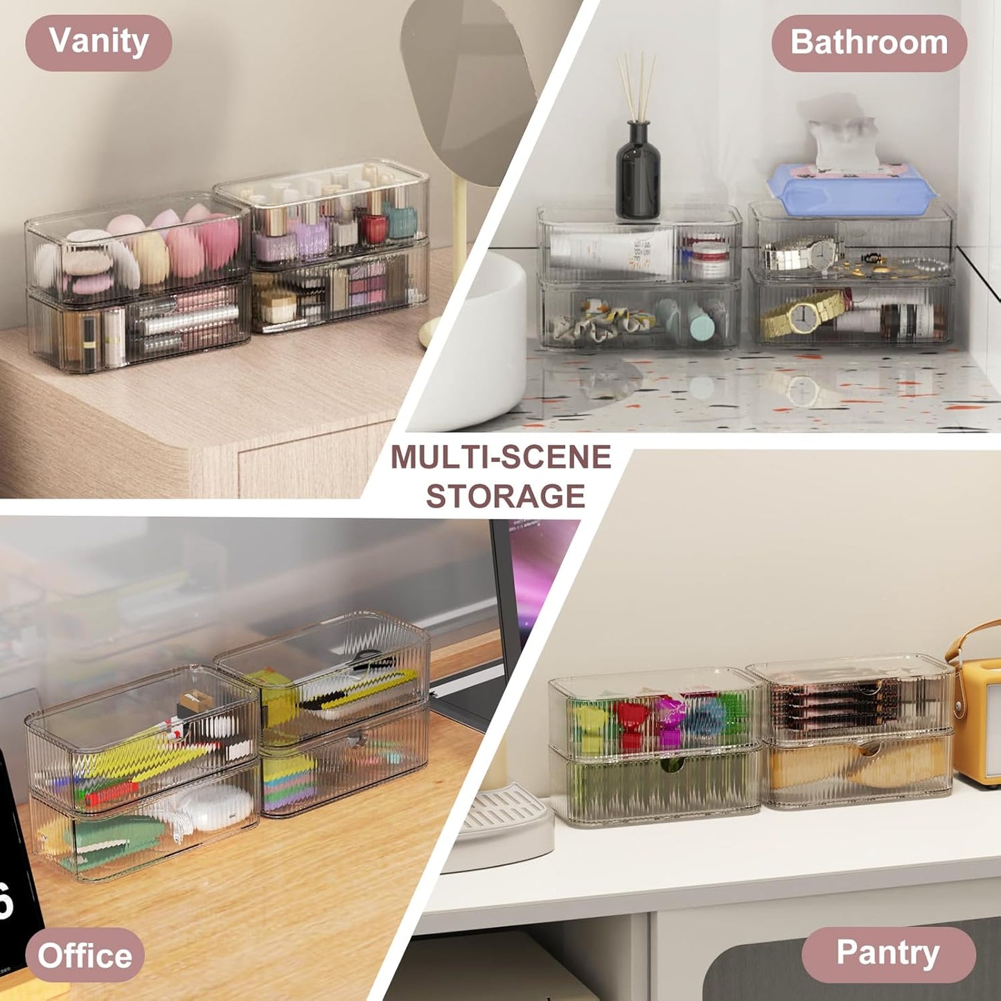 4 Pack Stackable Storage Drawers, Clear Acrylic Makeup Organizer for Vanity, Plastic Storage Bins, Multi-Purpose Cosmetic Display Organizers for Jewelry, Bathroom, Office, Pantry, Home Organization
